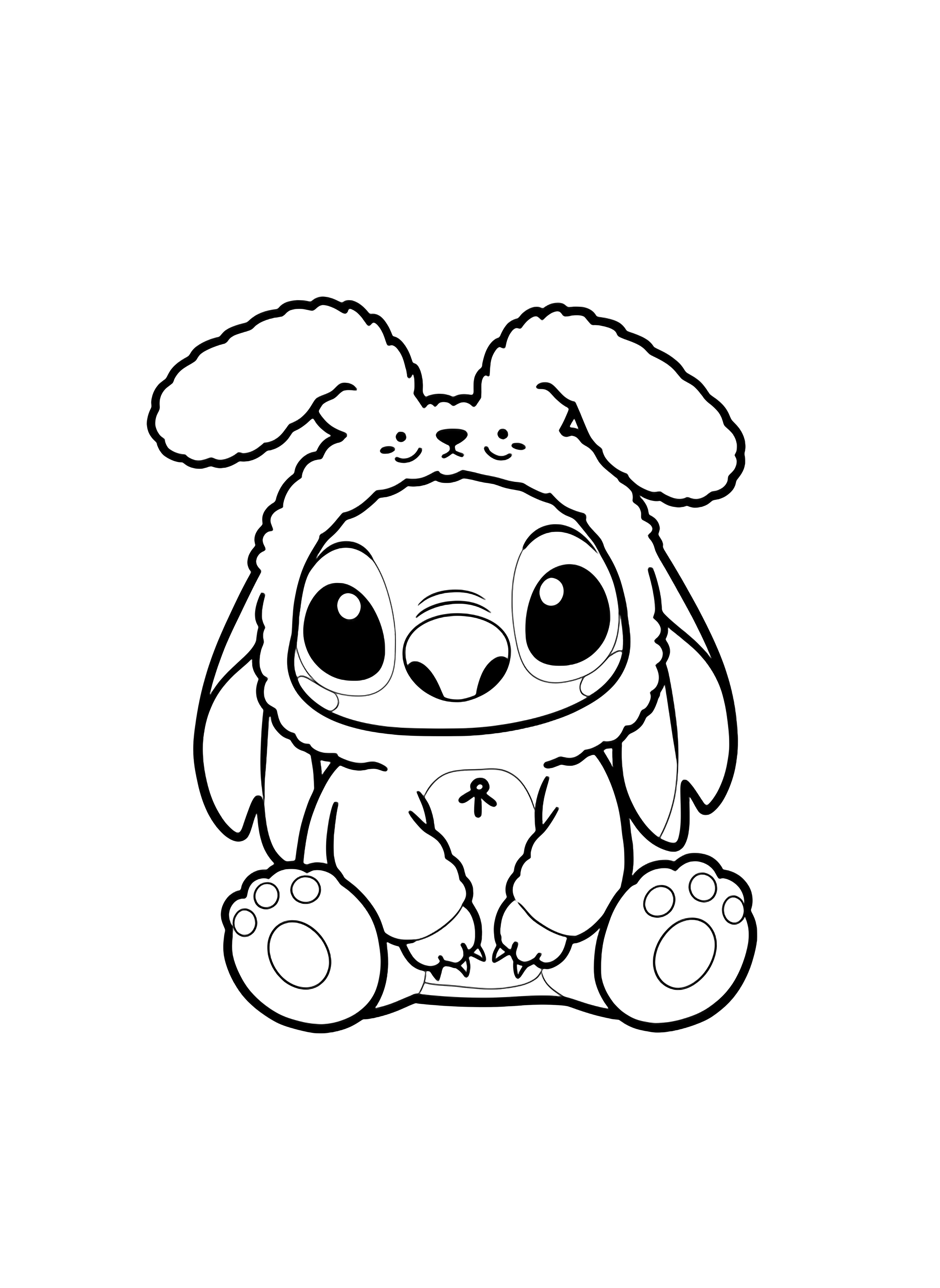 A cute cartoon illustration of Stitch from Lilo & Stitch, wearing a fluffy white bunny costume, sitting with large eyes, depicted in a book style. kleurplaat