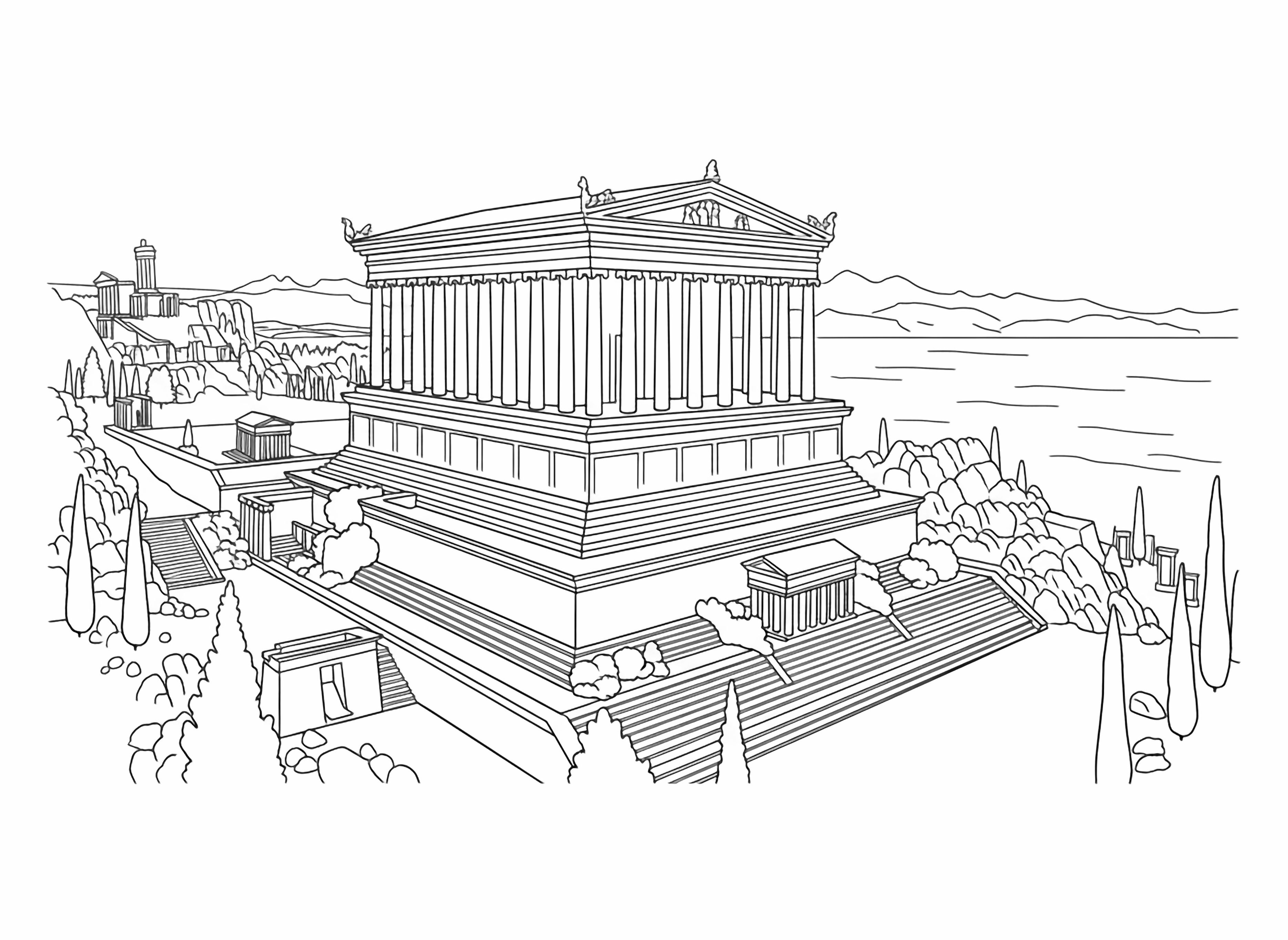 A grand classical temple stands majestically on a tiered platform with many steps, surrounded by hills and small figures, overlooking a calm sea with distant mountains. kleurplaat