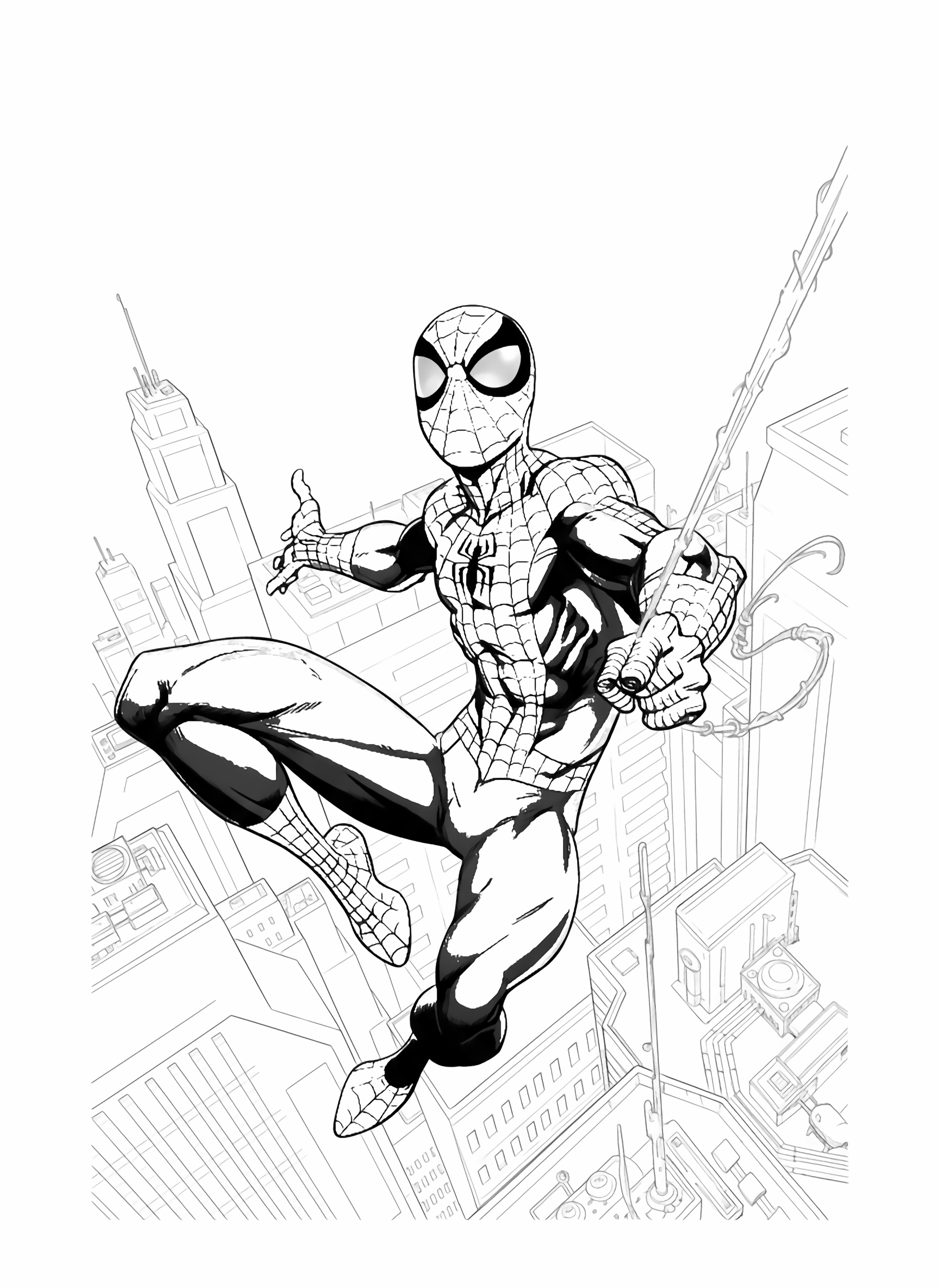 A dynamic comic book illustration of Spider Man mid swing, launching webs over a city skyline, depicted in a page style. kleurplaat