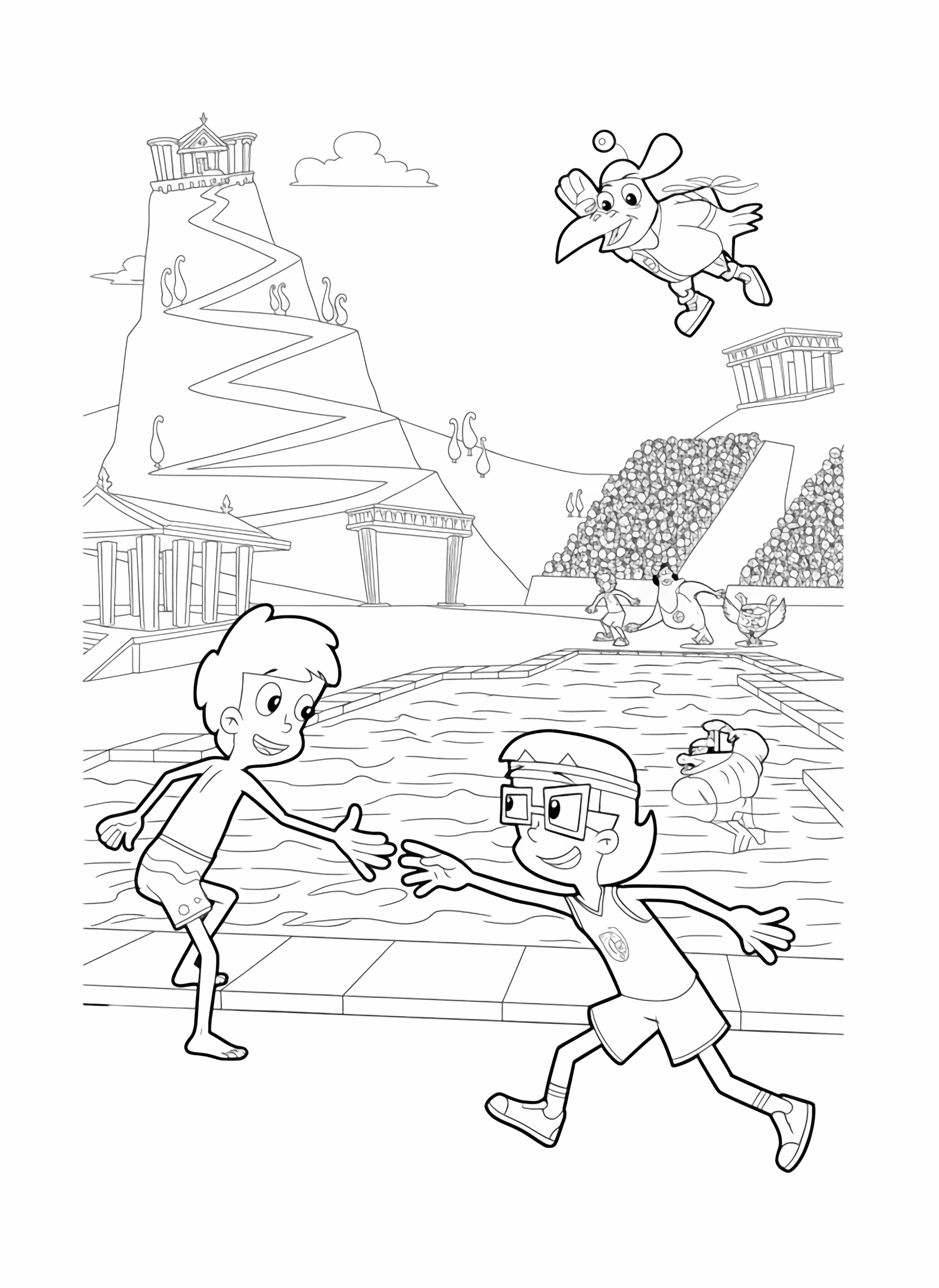 A cartoon scene with two children reaching out to each other by a swimming pool, a flying bird character, and a large mountain with a winding path in the background. kleurplaat
