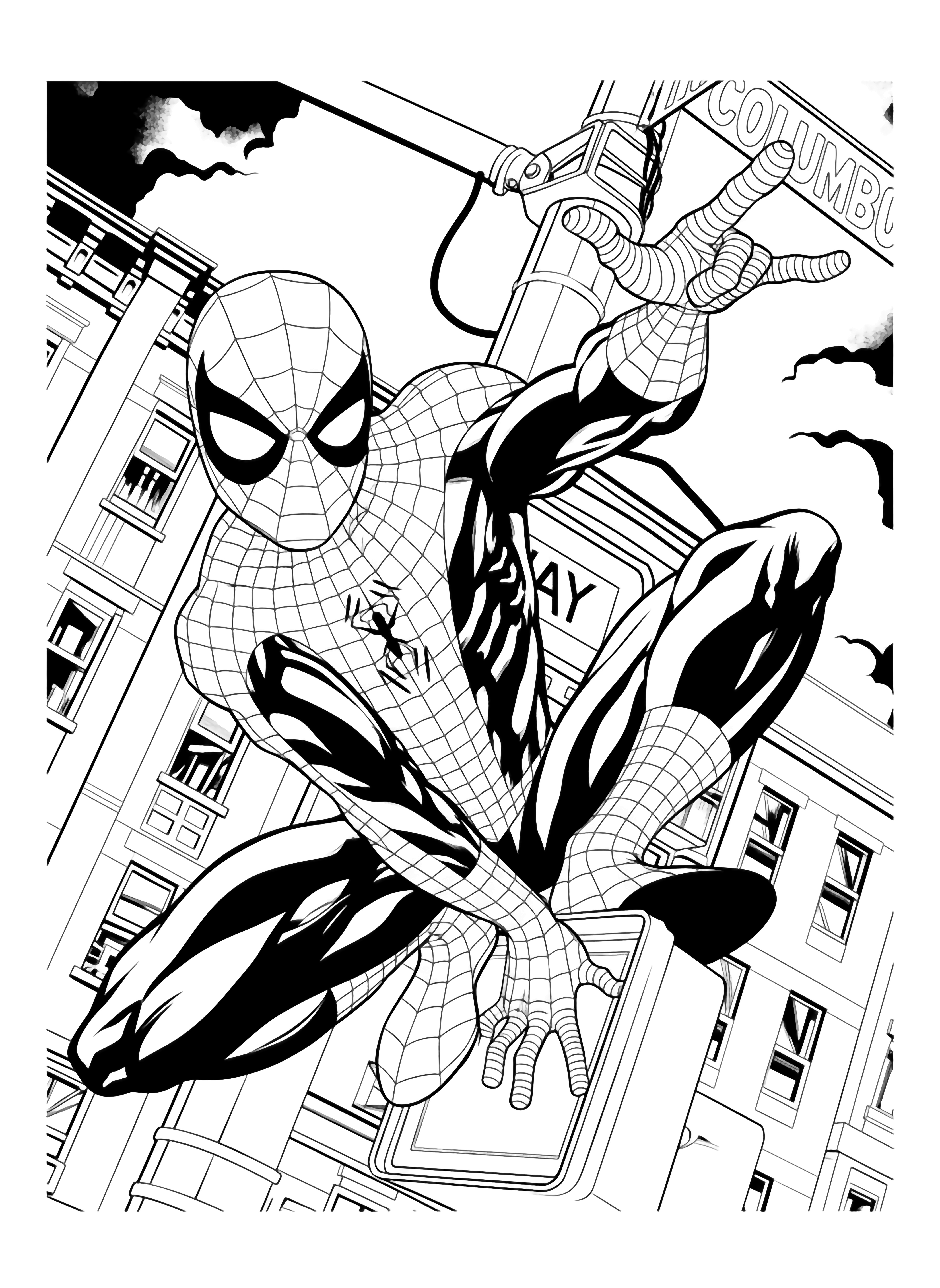 A dynamic illustration of Spider Man crouching on a street light pole, arm extended, in an urban backdrop, rendered in a clean, comic book style. kleurplaat