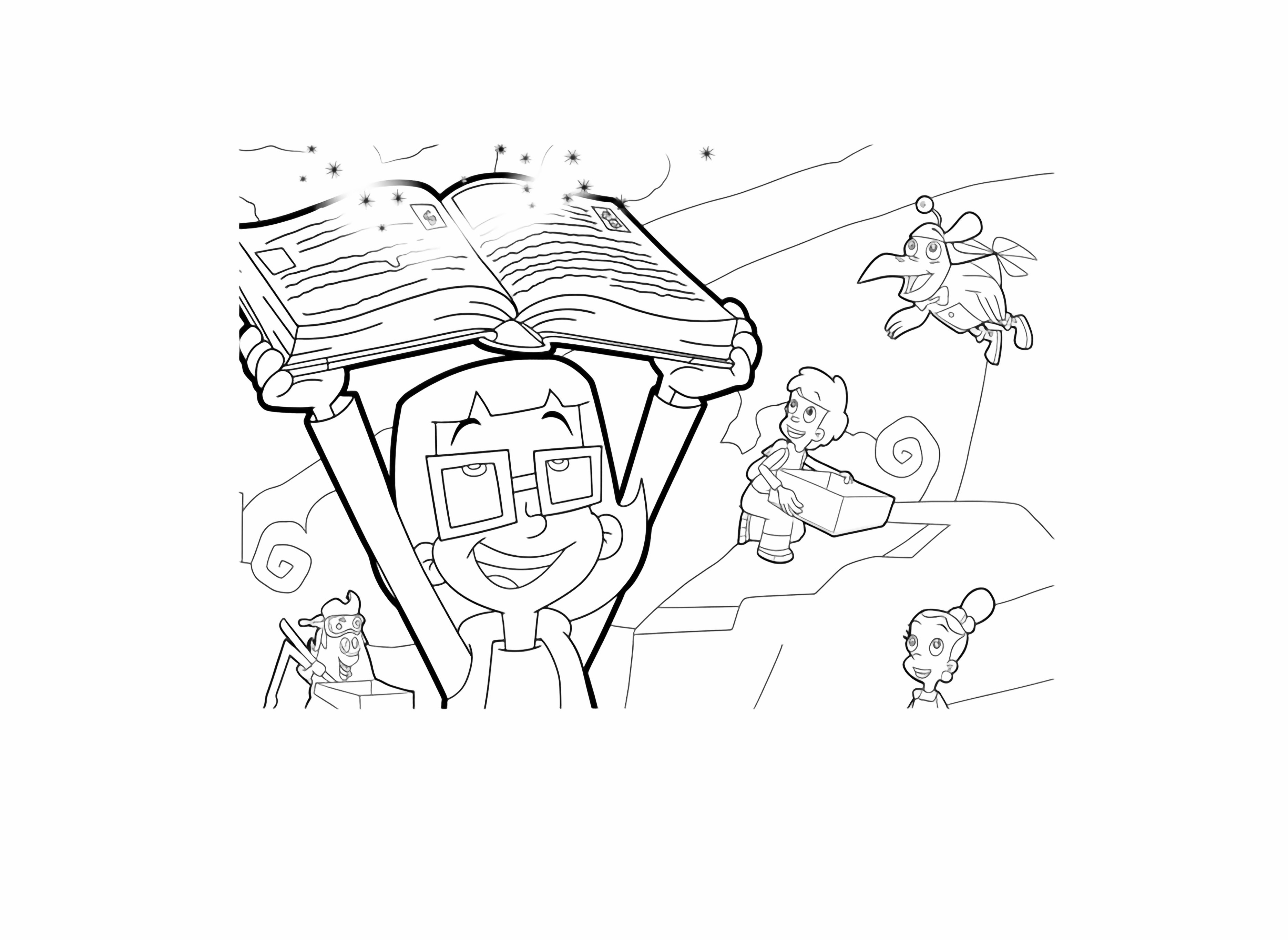 A smiling cartoon girl holds an open glowing book above her head, surrounded by other small cartoon characters in a vibrant, imaginative landscape. kleurplaat