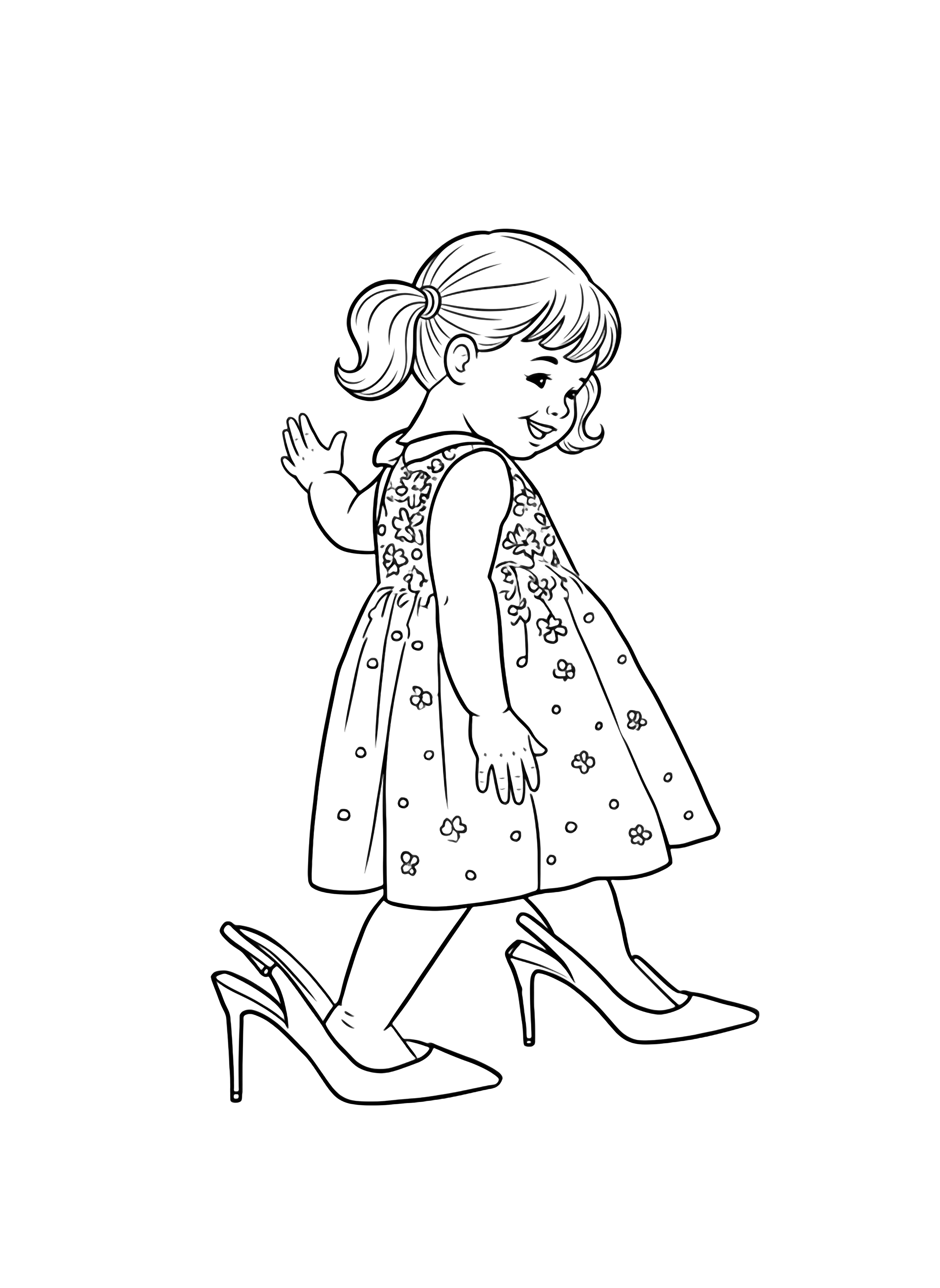 A cheerful little girl with pigtails wearing a patterned dress, waving while trying on oversized high heels, presented in a clean style for a page. kleurplaat