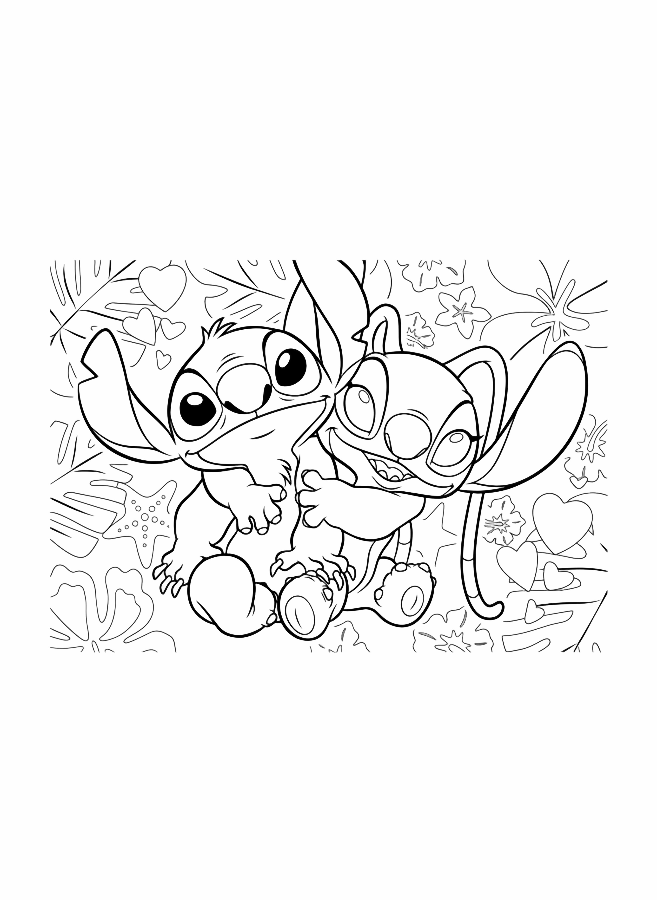 A cute cartoon illustration features Stitch and Angel embracing affectionately amidst a playful background of tropical leaves, flowers, and floating hearts in a page style. kleurplaat