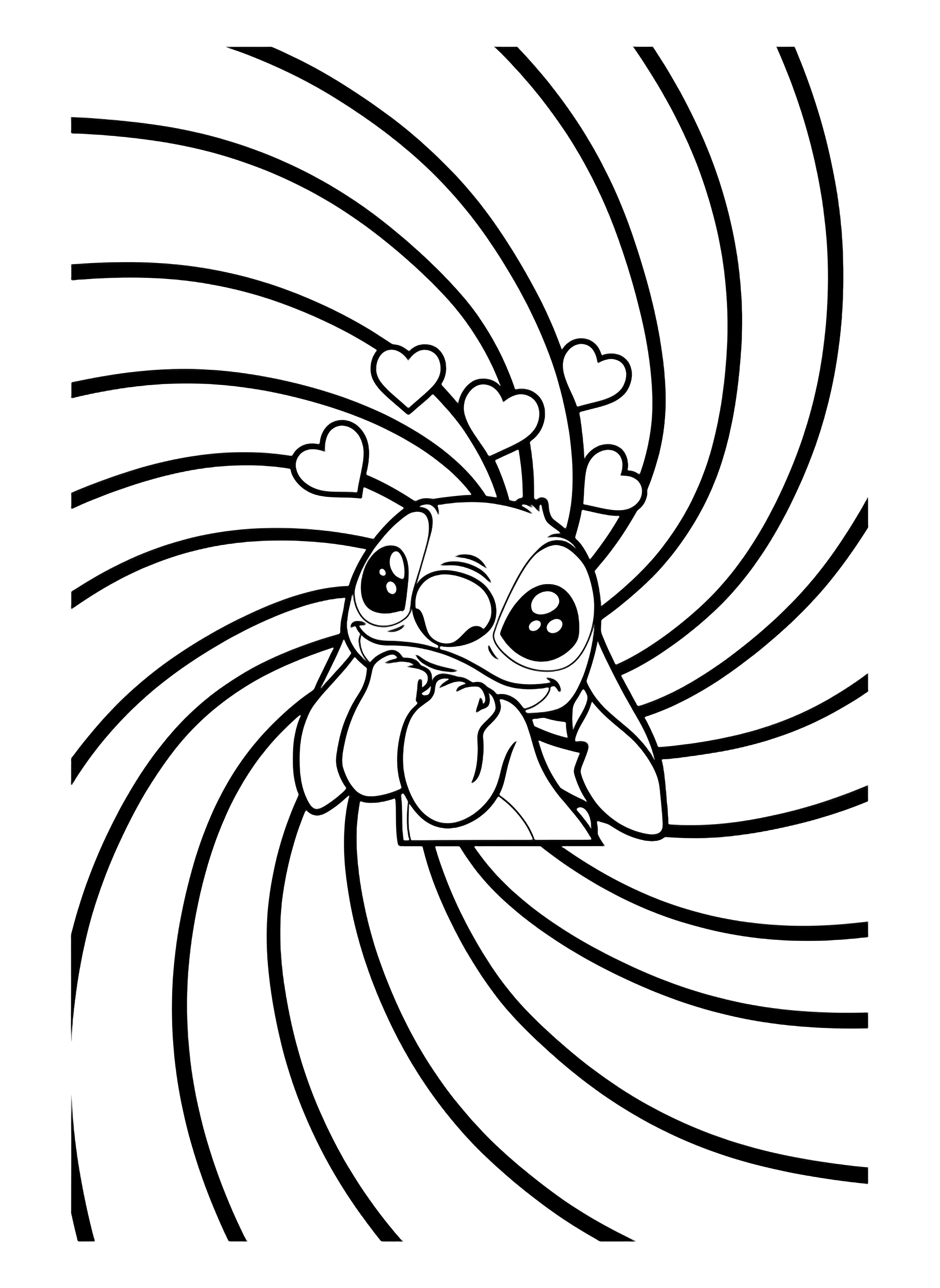 A cute cartoon Stitch character looking up with hearts above his head, set against a vibrant swirling tie dye background in a page style. kleurplaat