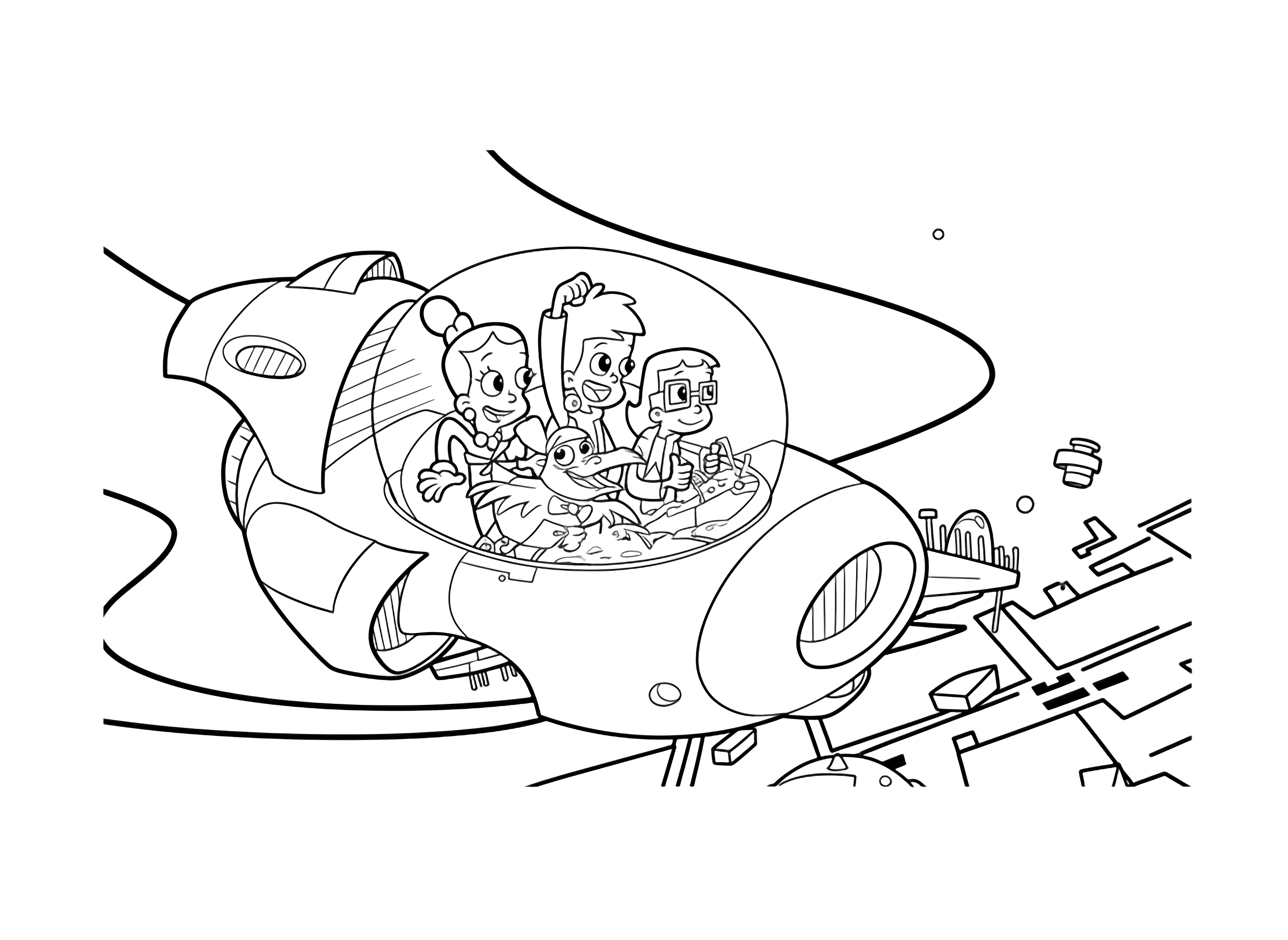 Four Cyberchase characters and a bird fly in their futuristic spaceship through a vibrant digital space filled with binary code, perfect for a activity. kleurplaat