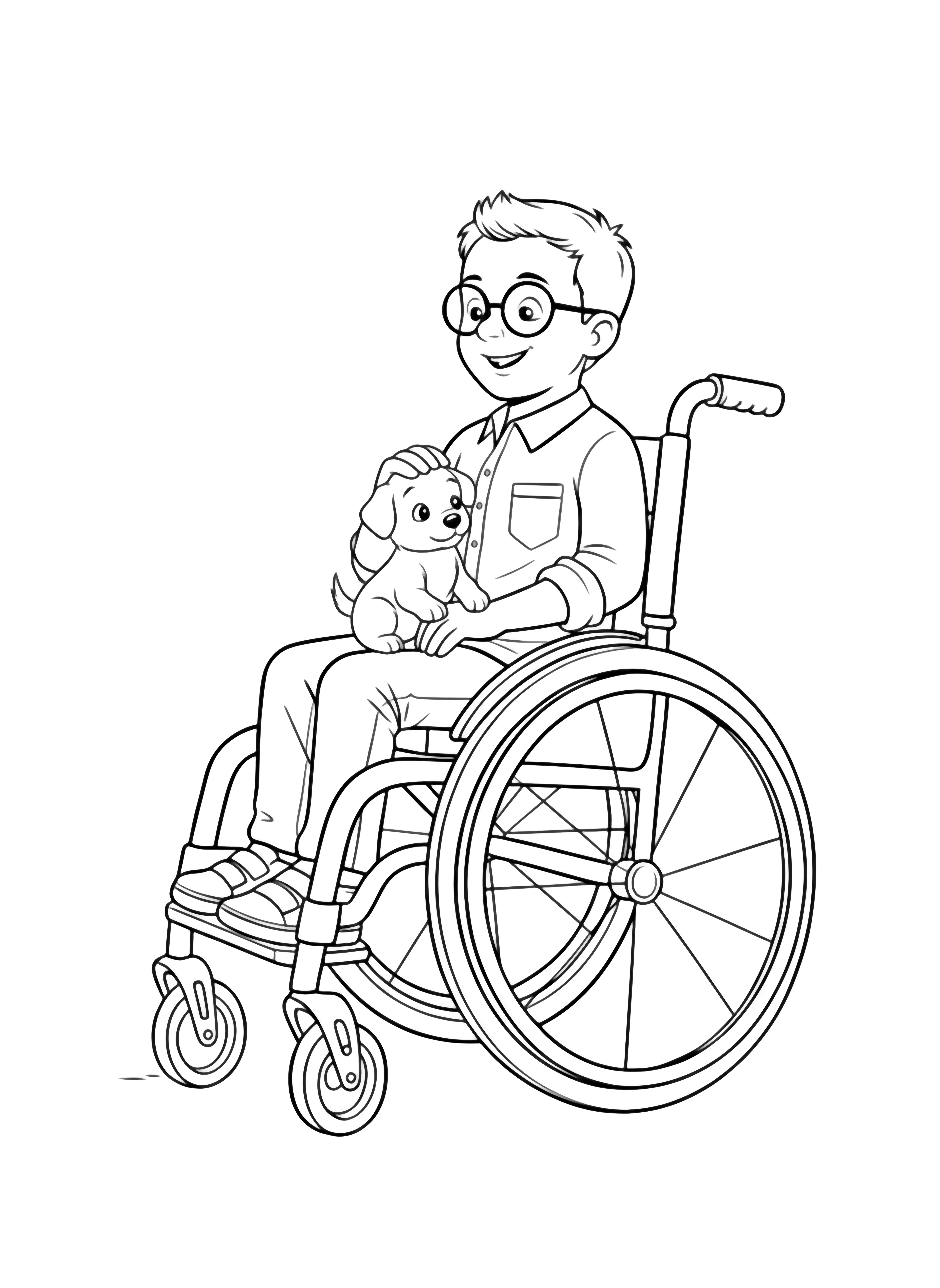 A happy boy in a wheelchair smiles, gently holding a cute puppy on his lap, presented in a clean page style. kleurplaat