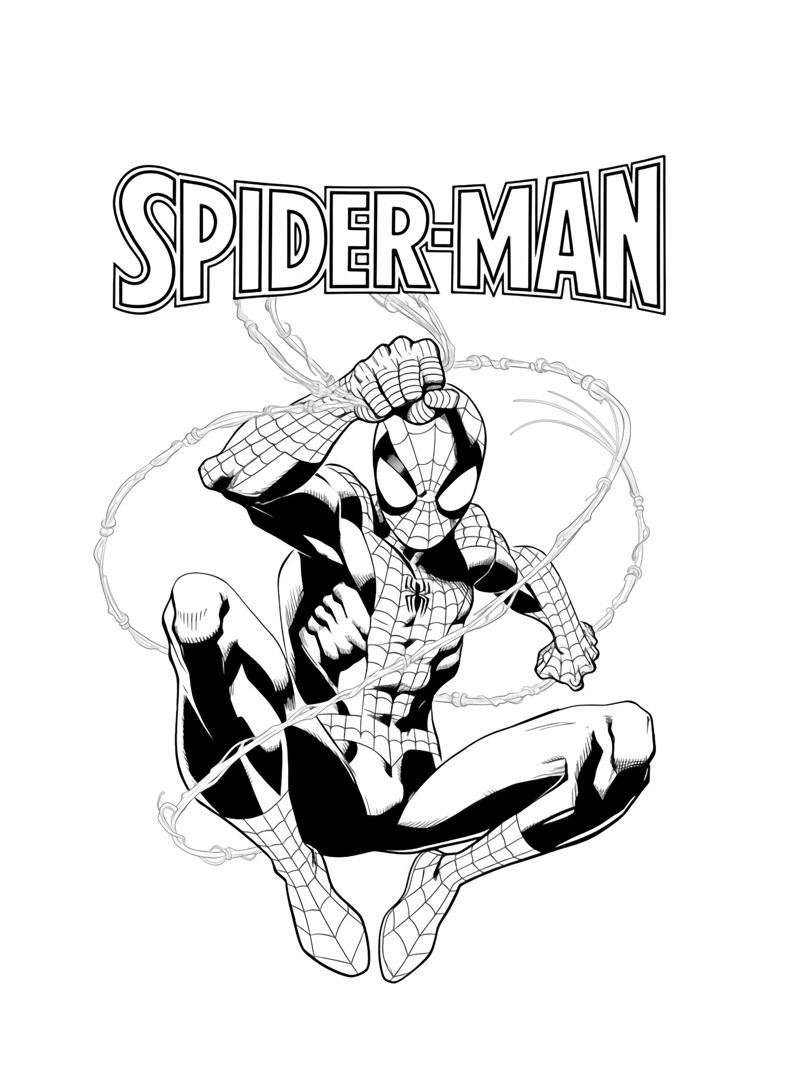 A dynamic comic book illustration of Spider Man in his classic suit, surrounded by web lines, ready for a page. kleurplaat