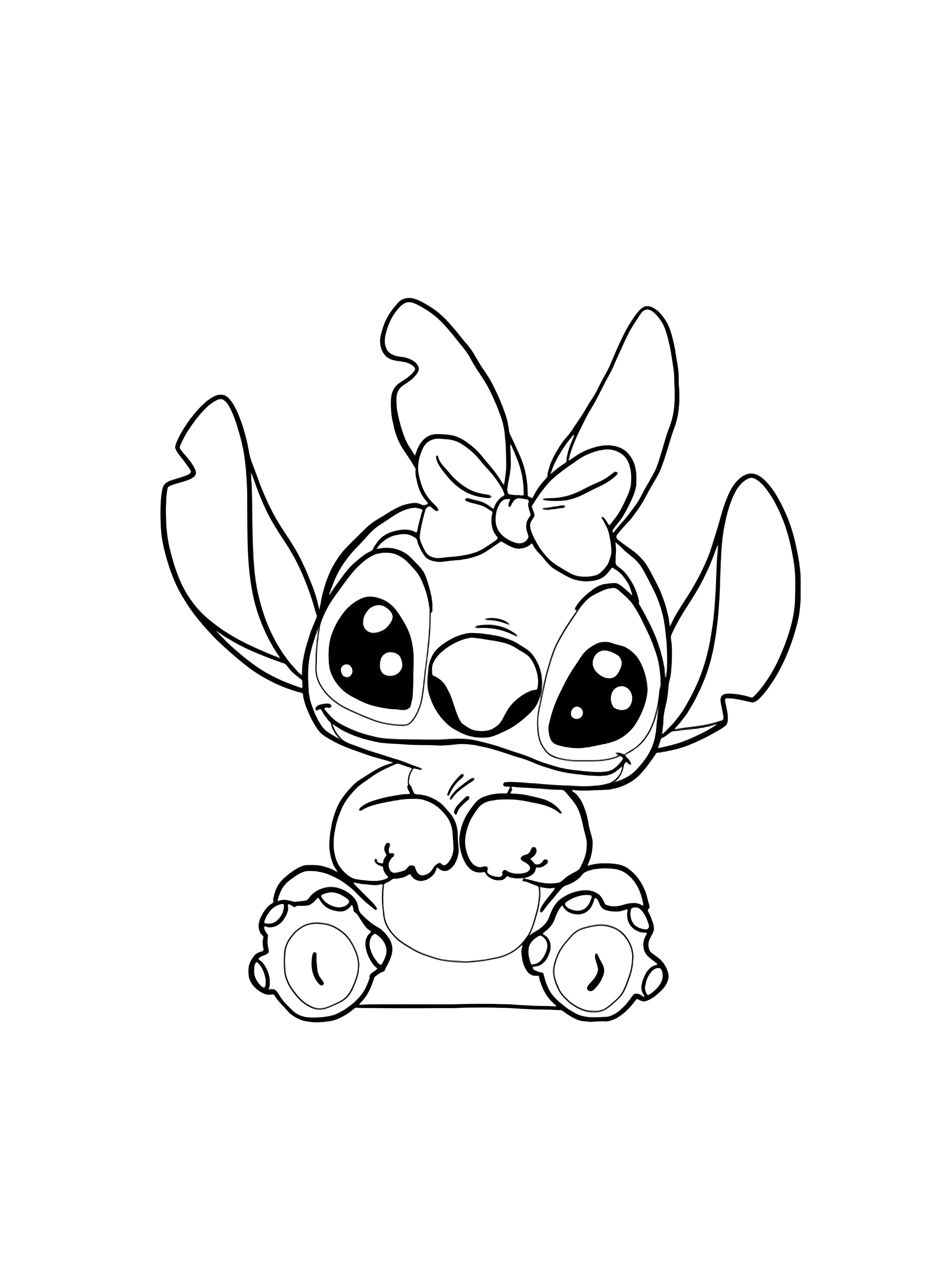A cute, blue, chibi style alien character resembling Stitch, wearing a pink bow on its head, sitting with big eyes and looking forward, rendered in a simple page style. kleurplaat