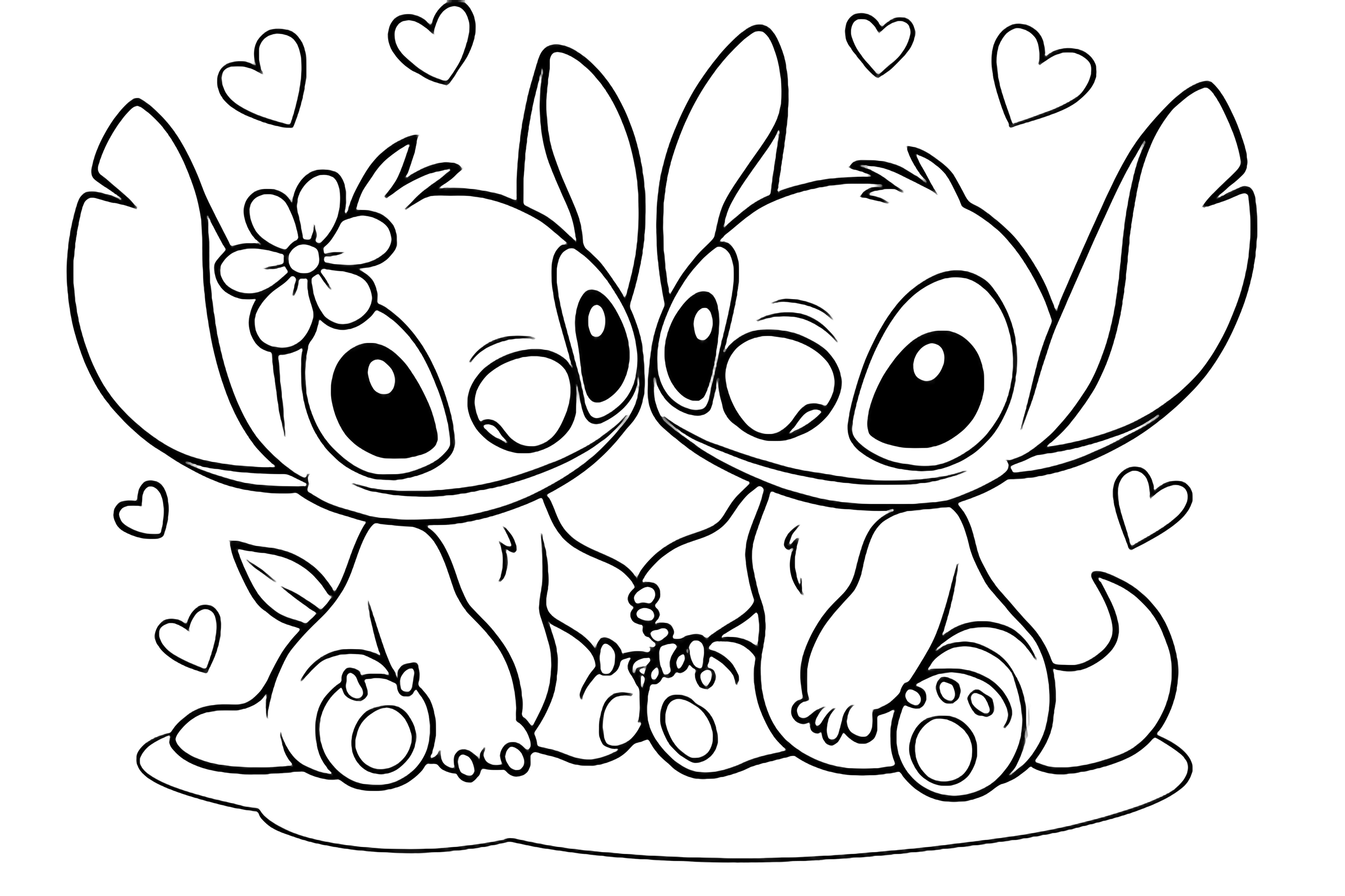 Two cute cartoon alien characters, one pink with a flower and one blue, sit together holding hands, surrounded by floating hearts, rendered in a sweet, simple style. kleurplaat