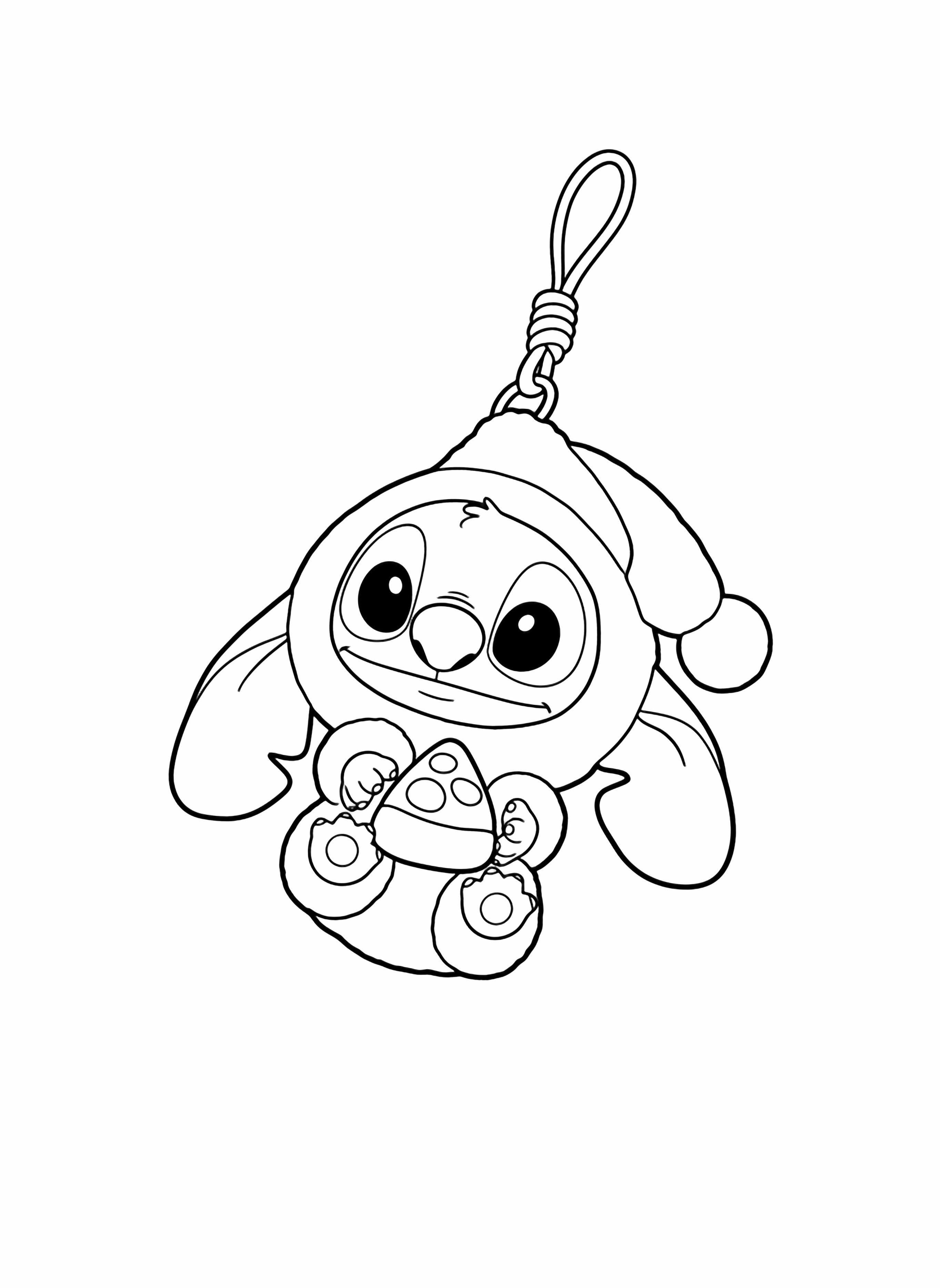 A cartoon Stitch plush toy wearing a green hooded outfit, holding a slice of pizza, presented as a clear page. kleurplaat