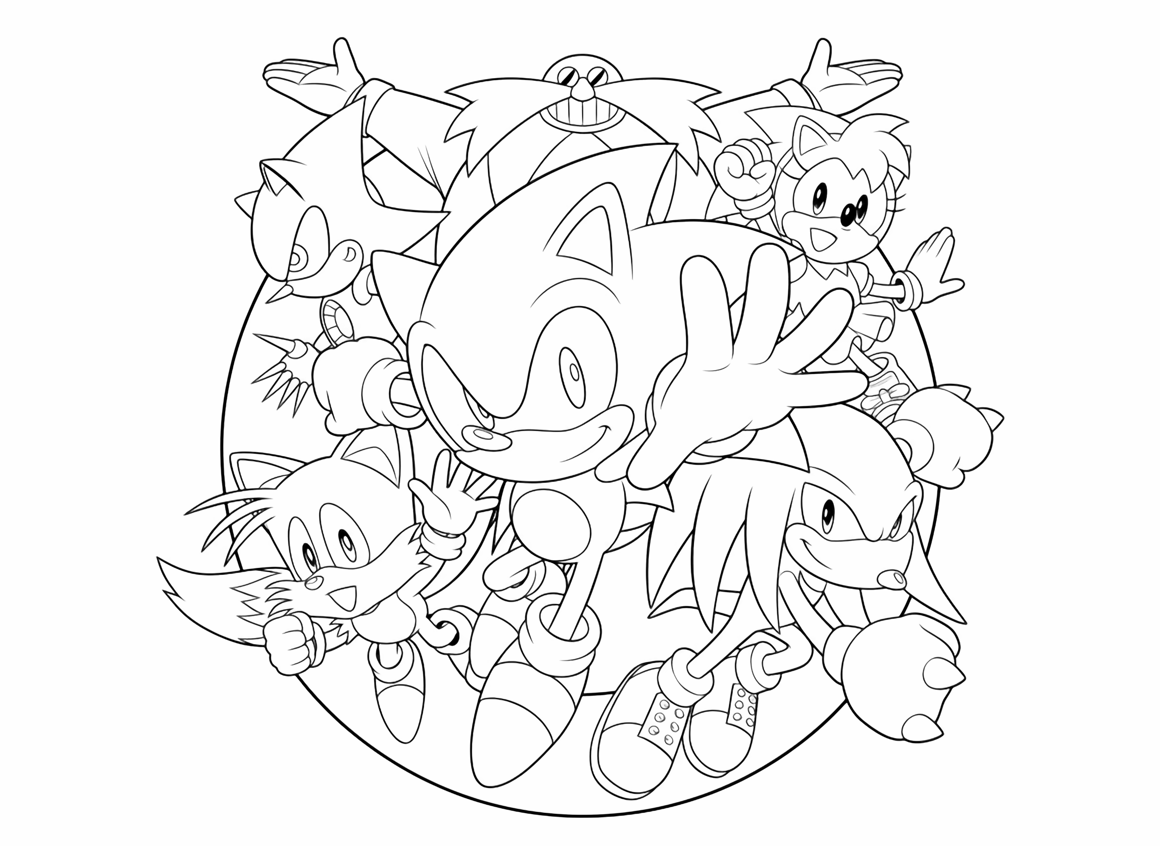 A dynamic group of classic cartoon characters, including Sonic, Tails, Knuckles, Amy, Metal Sonic, and Dr. Eggman, are arranged around a large crescent shape. kleurplaat