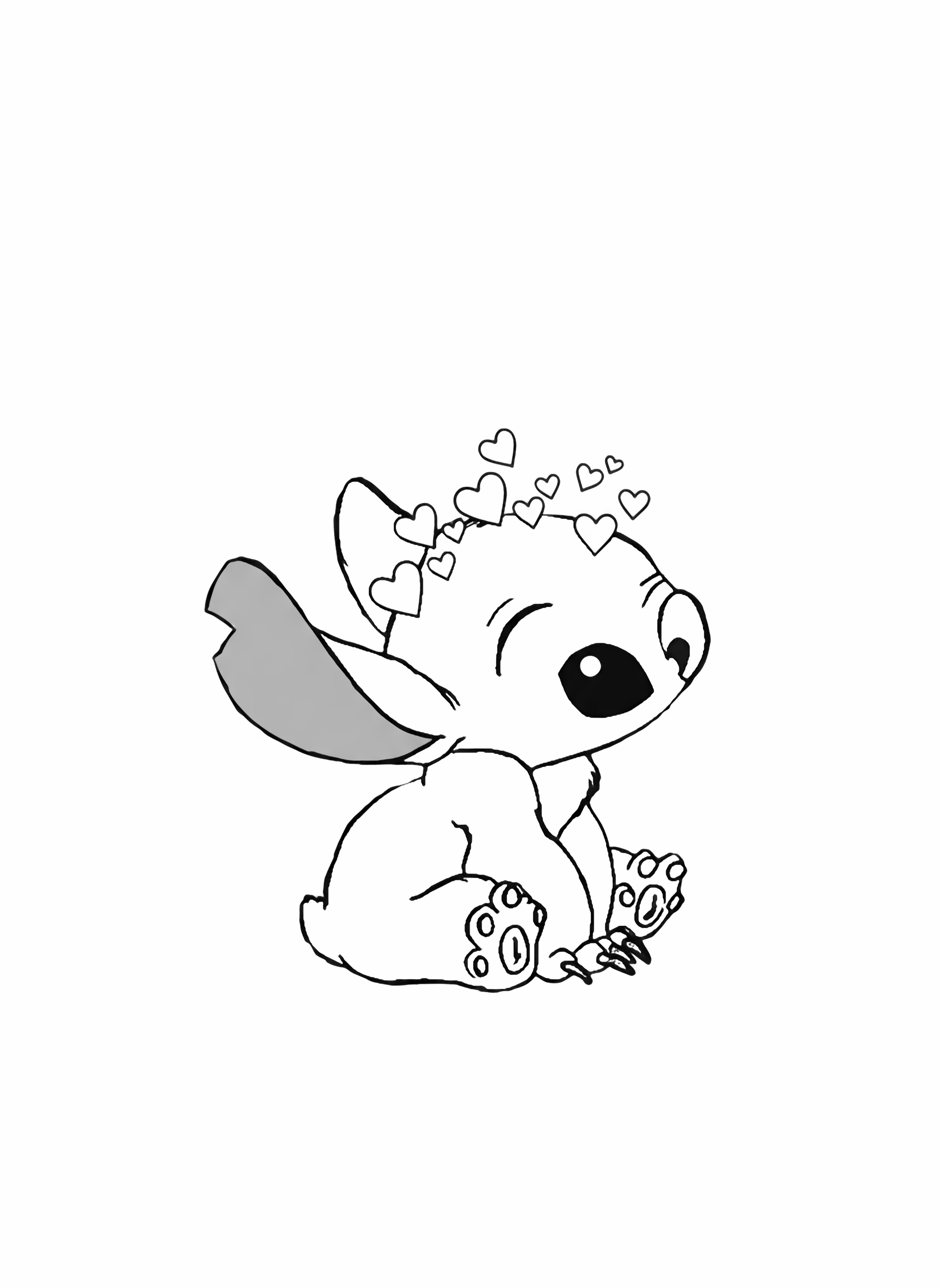 A cute cartoon baby Stitch character sits in the center, surrounded by small floating hearts, against a soft, colorful pastel background, rendered in a clean, outlined animation style. kleurplaat