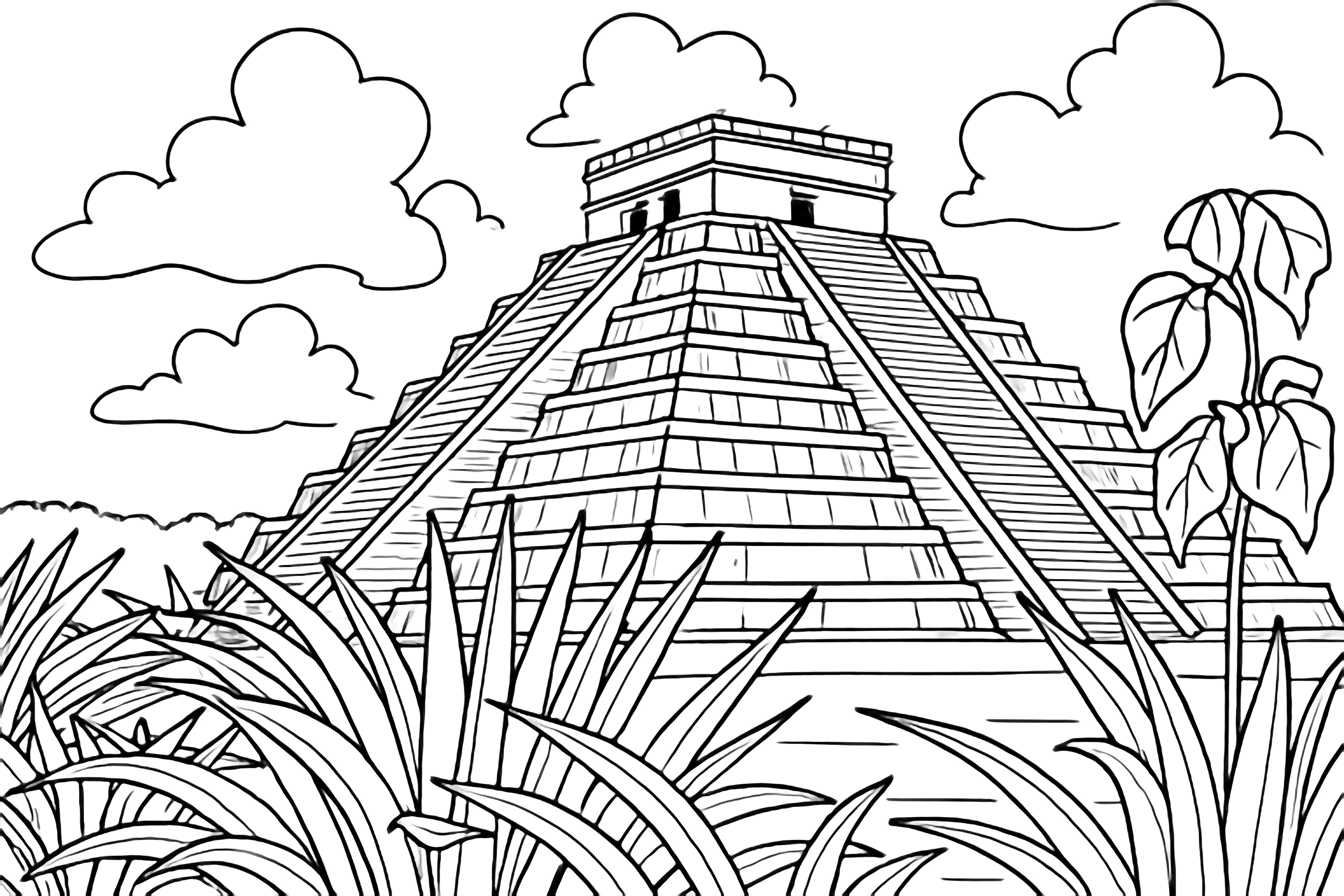 A grand Mayan pyramid stands centered in a sunny landscape, with spiky plants in the foreground and a clear sky with scattered clouds above. kleurplaat