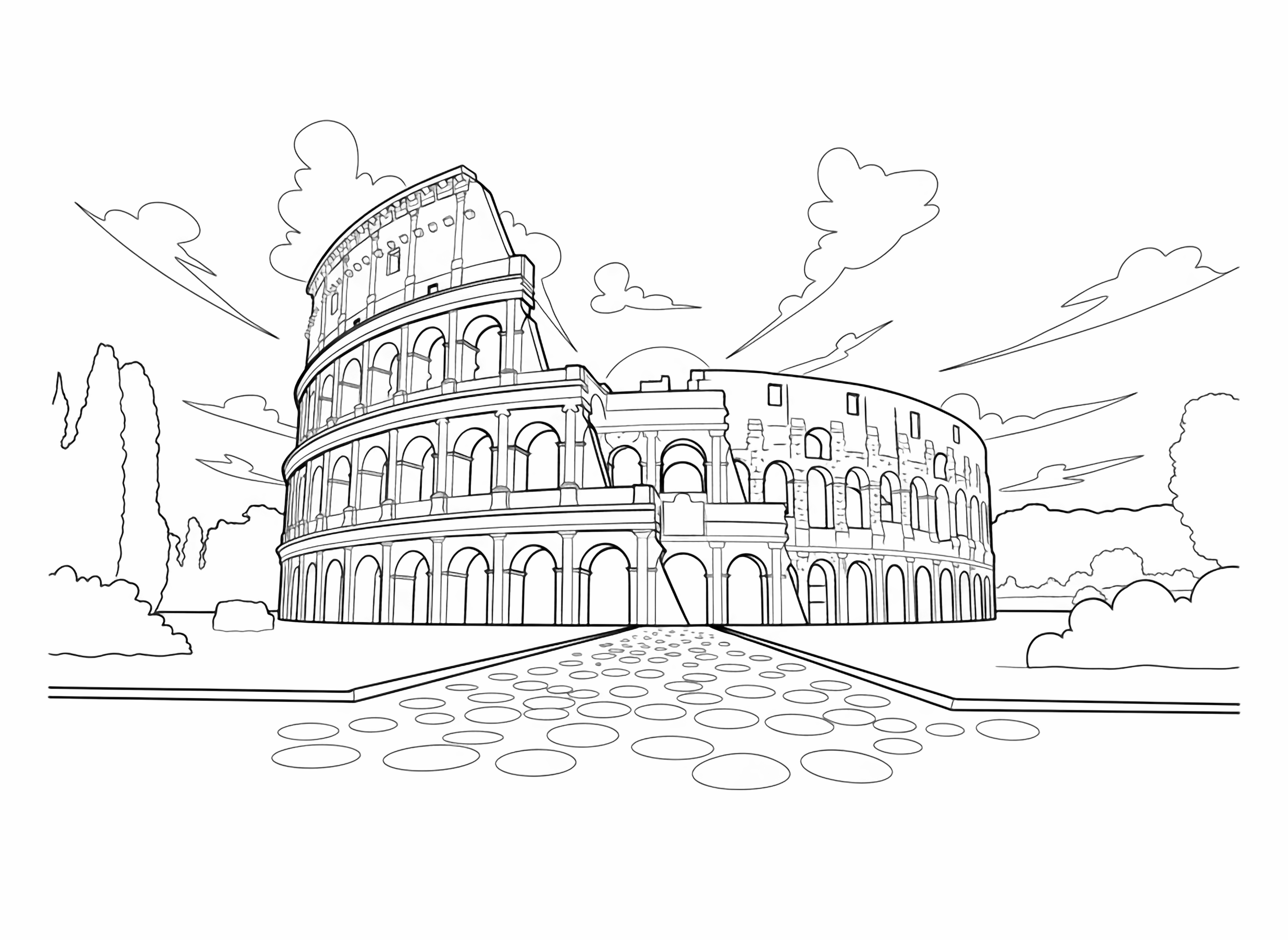 A grand, partially ruined ancient Roman Colosseum with multiple arched tiers, viewed from a cobblestone path, beneath a vast cloudy sky, in a bold book style. kleurplaat