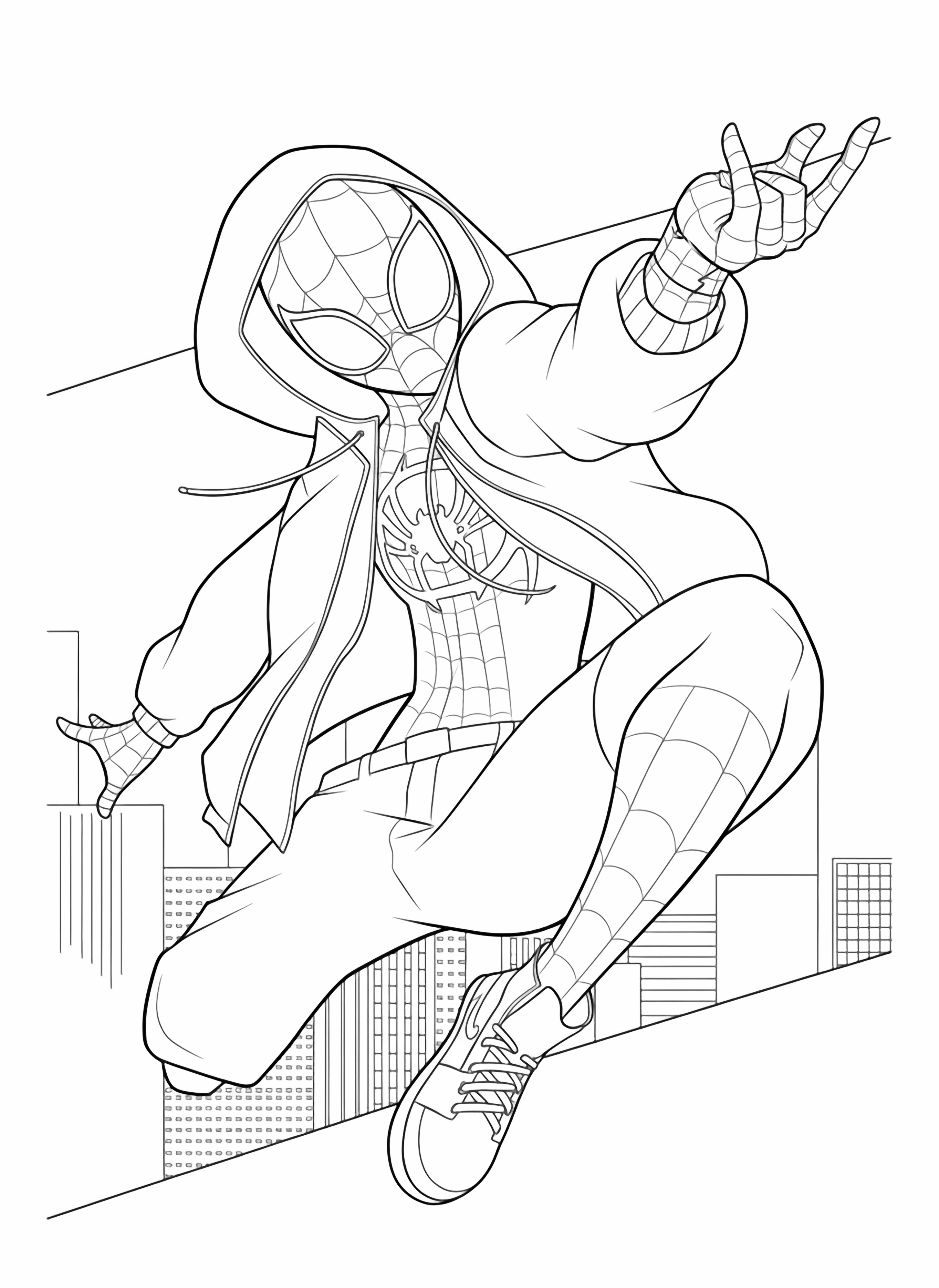 A dynamic cartoon illustration of Miles Morales as Spider Man, in his black and red suit with a blue jacket and red hoodie, leaping over a stylized cityscape. kleurplaat