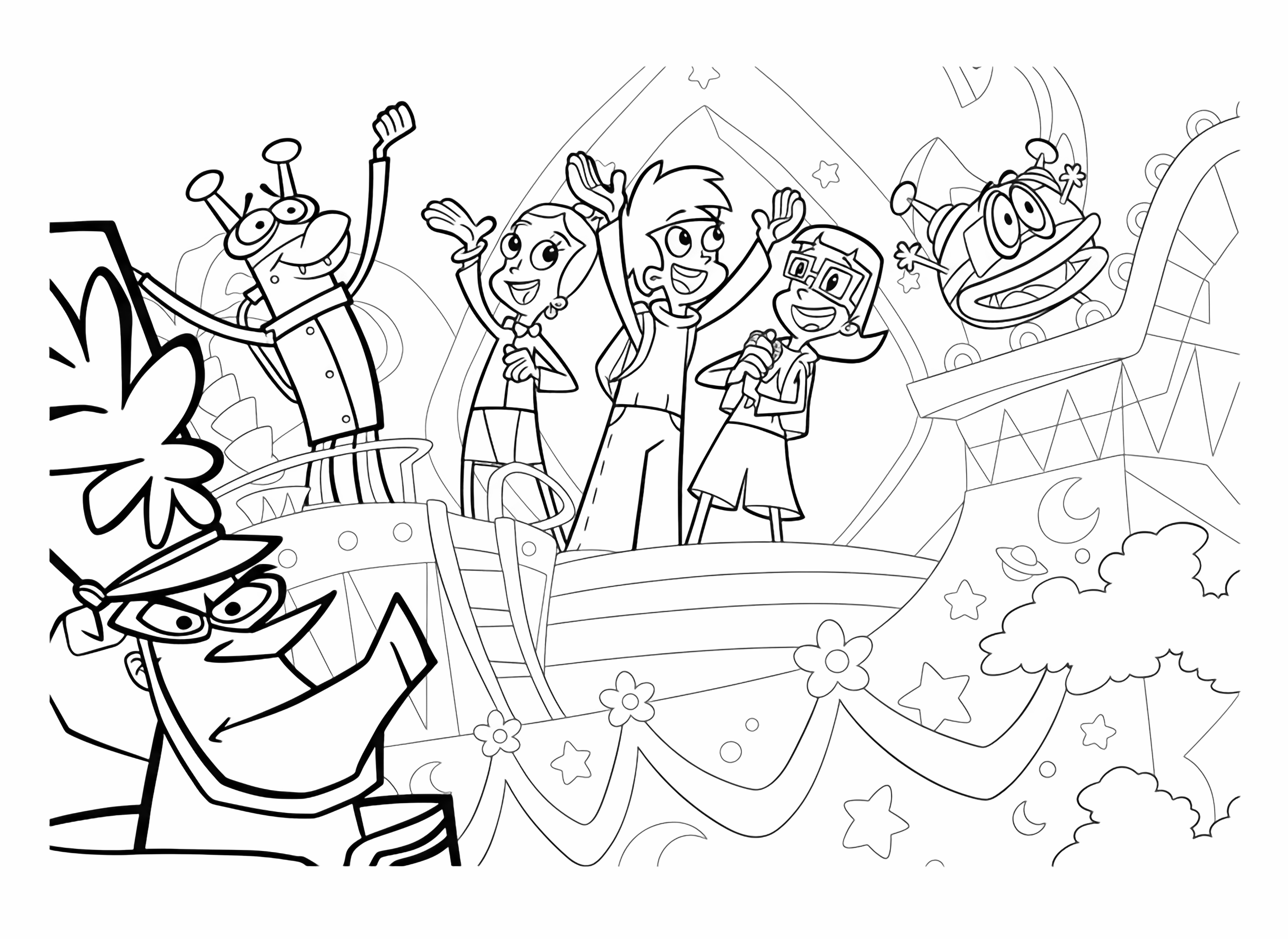 A vibrant cartoon scene featuring the Hacker, Digit, Matt, Jackie, and Inez on a fantastical float, waving excitedly, with a floating mushroom creature nearby. kleurplaat
