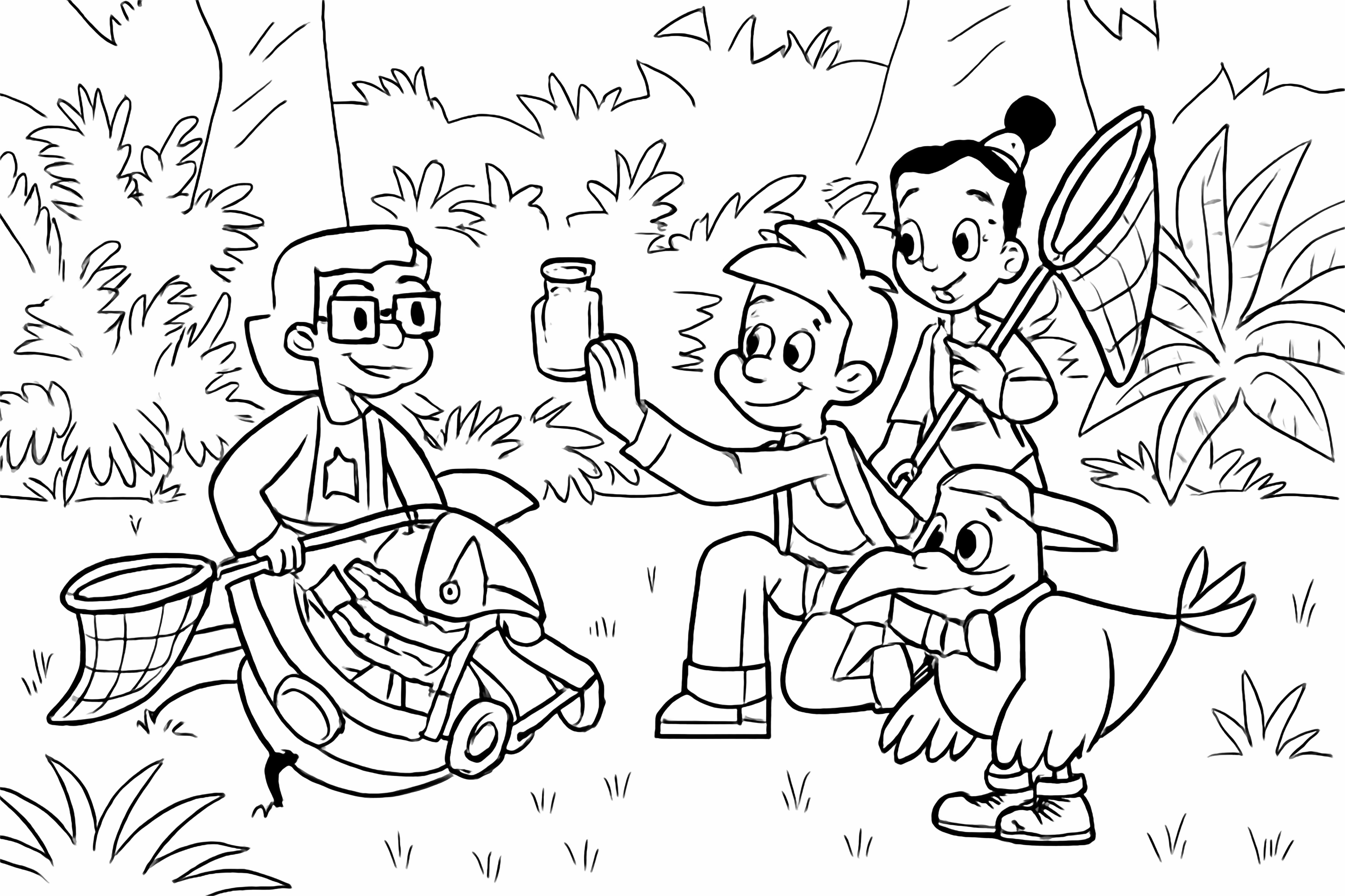 Three cartoon children with a purple bird and green creature are catching bugs in a vibrant, fantastical forest using nets and a jar for collecting. kleurplaat