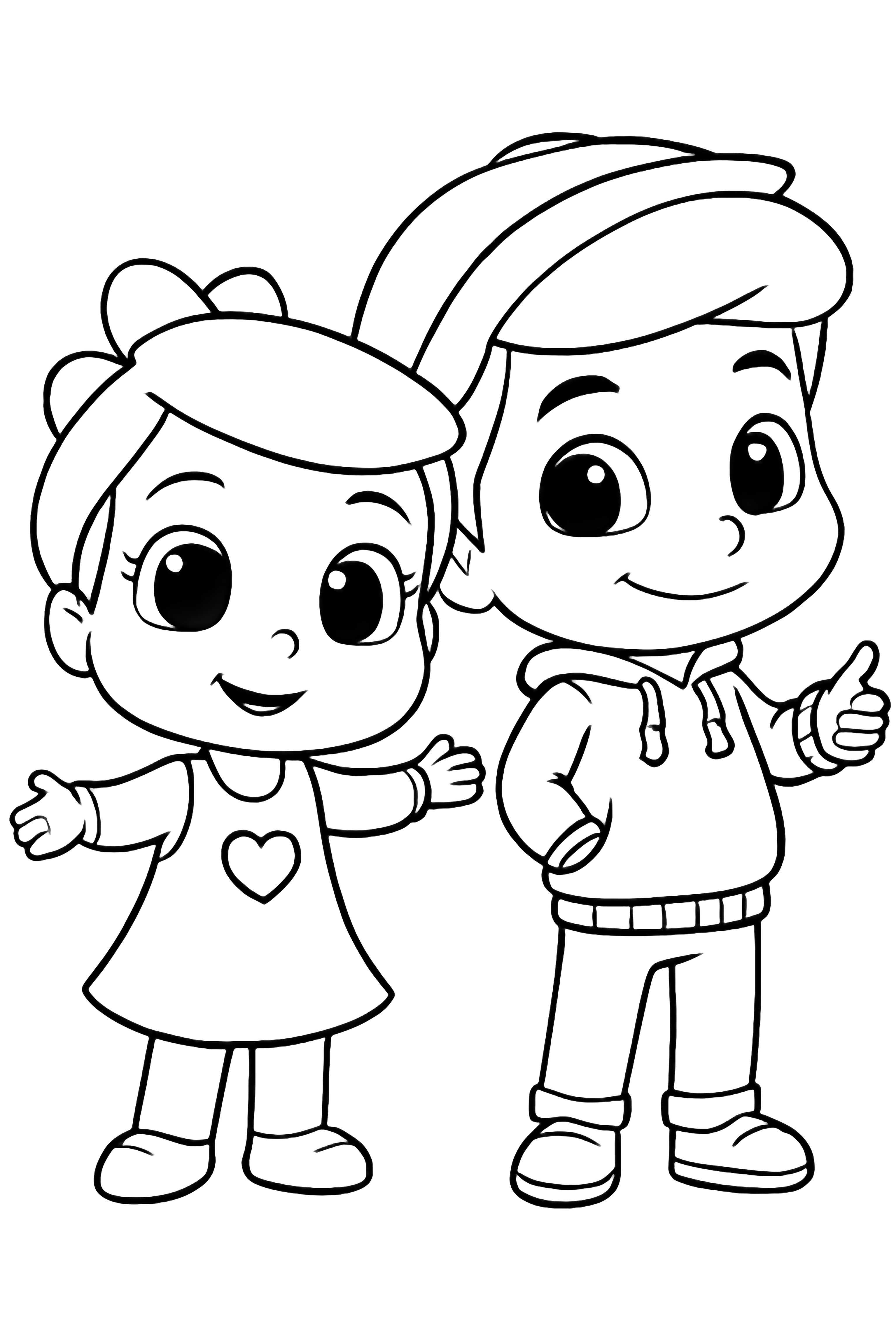 A page depicting two cheerful cartoon children, a girl with a bow and a boy in a cap, smiling happily against a plain background. kleurplaat