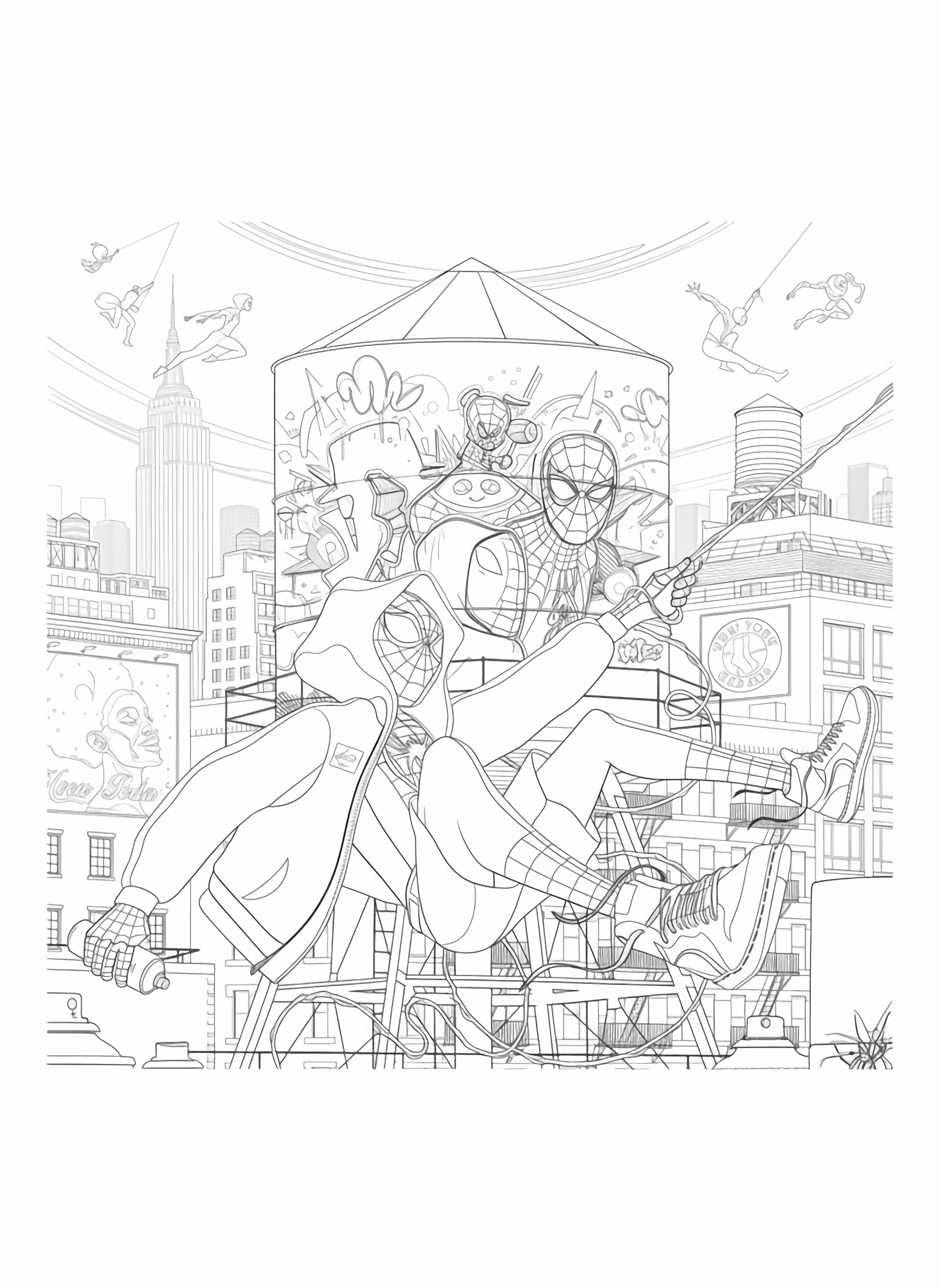 A dynamic page illustration of Miles Morales perched on a water tower, with multiple Spider people swinging around a detailed cityscape, ready for vibrant colors. kleurplaat