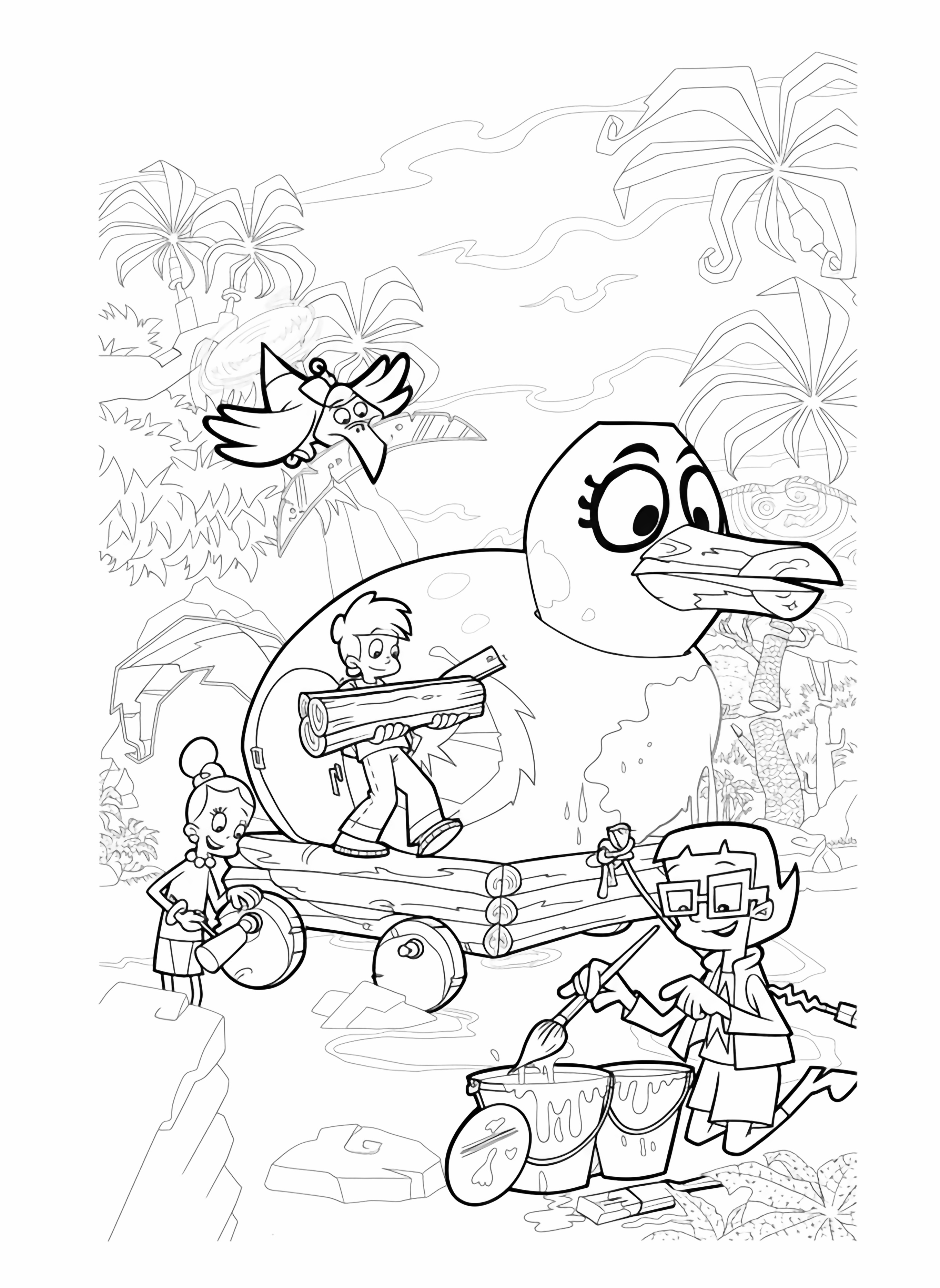 Three cartoon children and a flying bird interact with a giant duck creature on a log cart, while one child paints, all set against a vibrant, imaginative landscape, ready for . kleurplaat