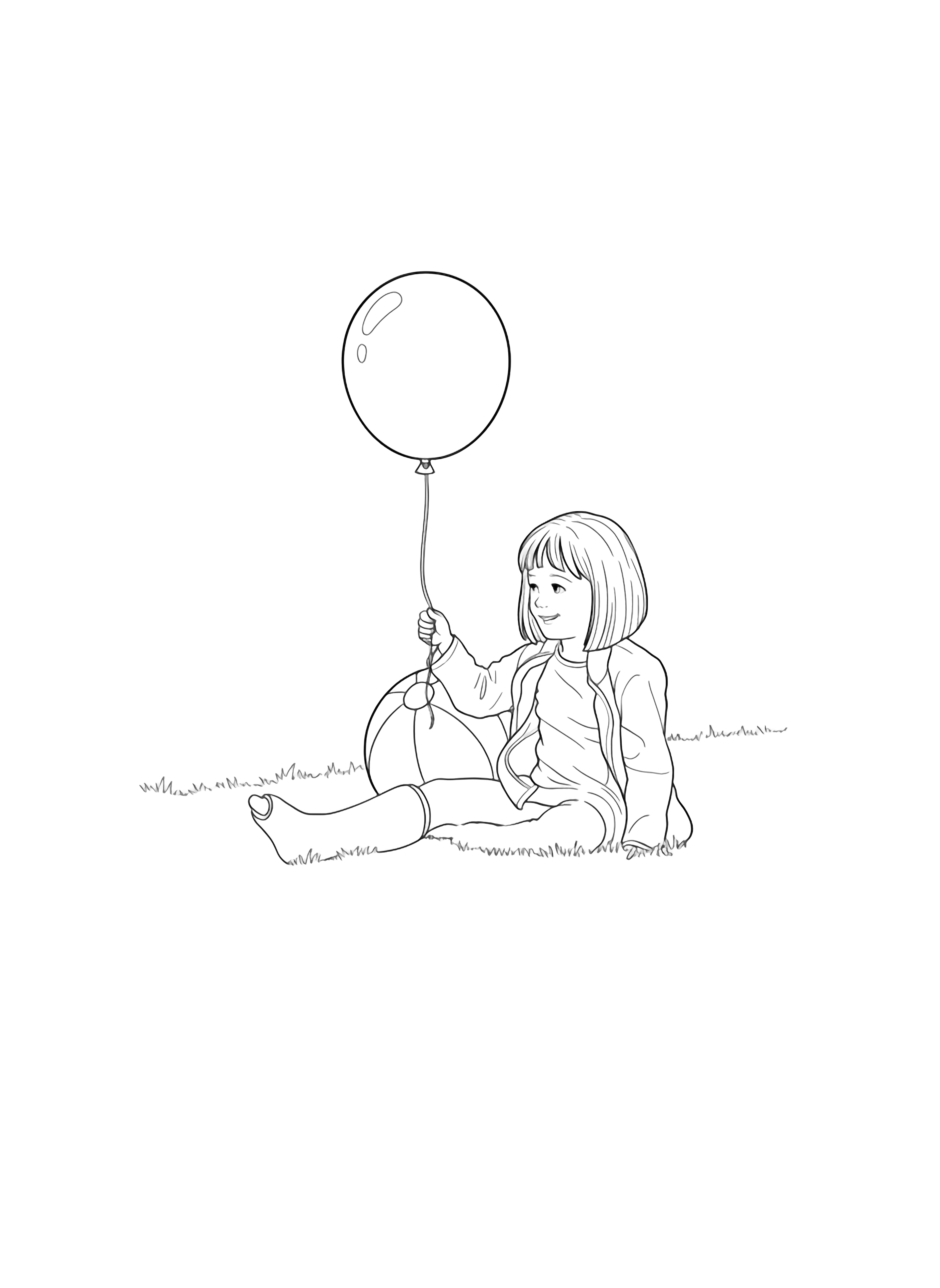 A smiling young girl with short hair sits on grass, holding a balloon, with a beach ball beside her in a simple, clean style. kleurplaat