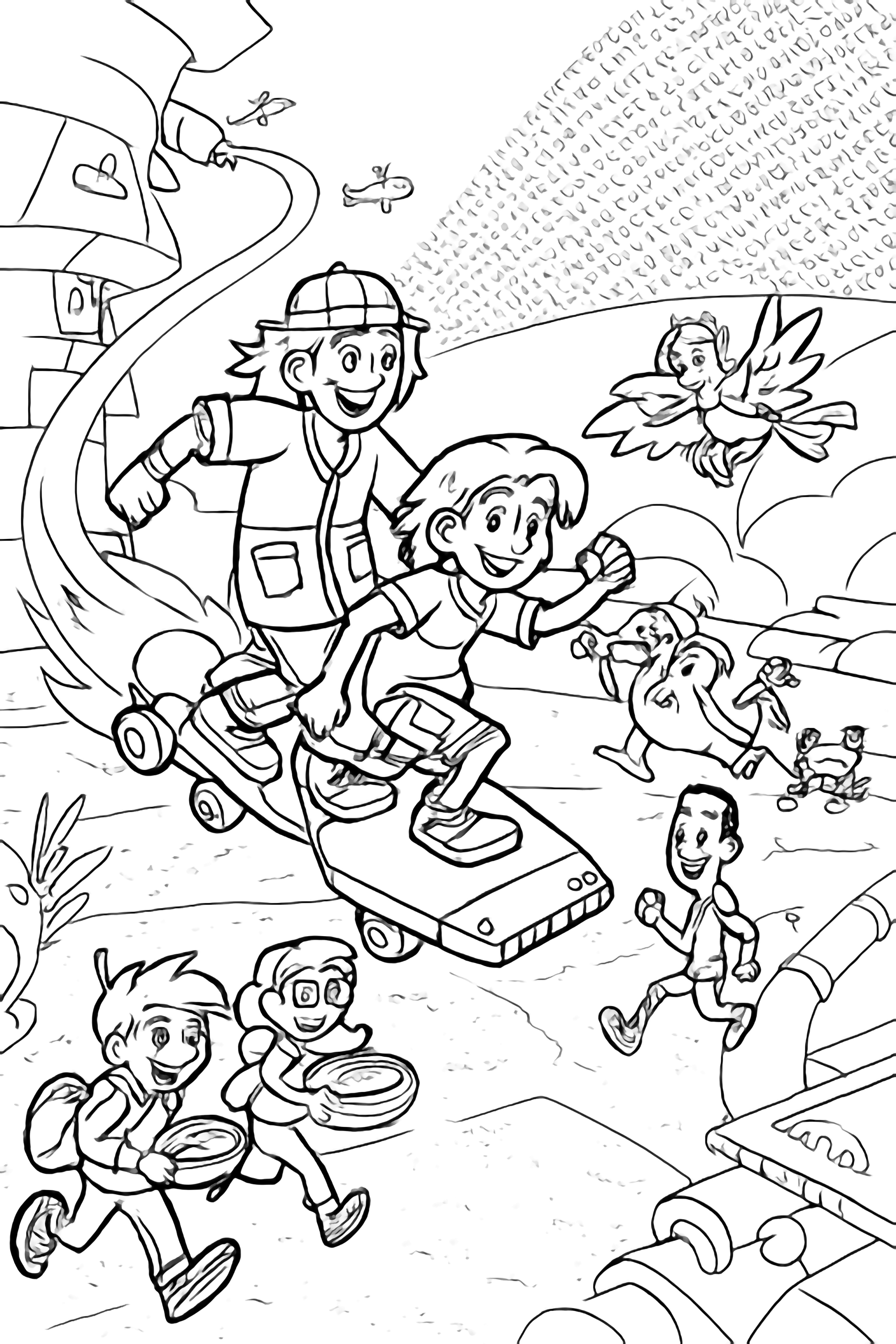 Two children ride a futuristic hoverboard through an abstract digital landscape, joined by other cartoon characters including a bird, a villain, and two children carrying bowls. kleurplaat