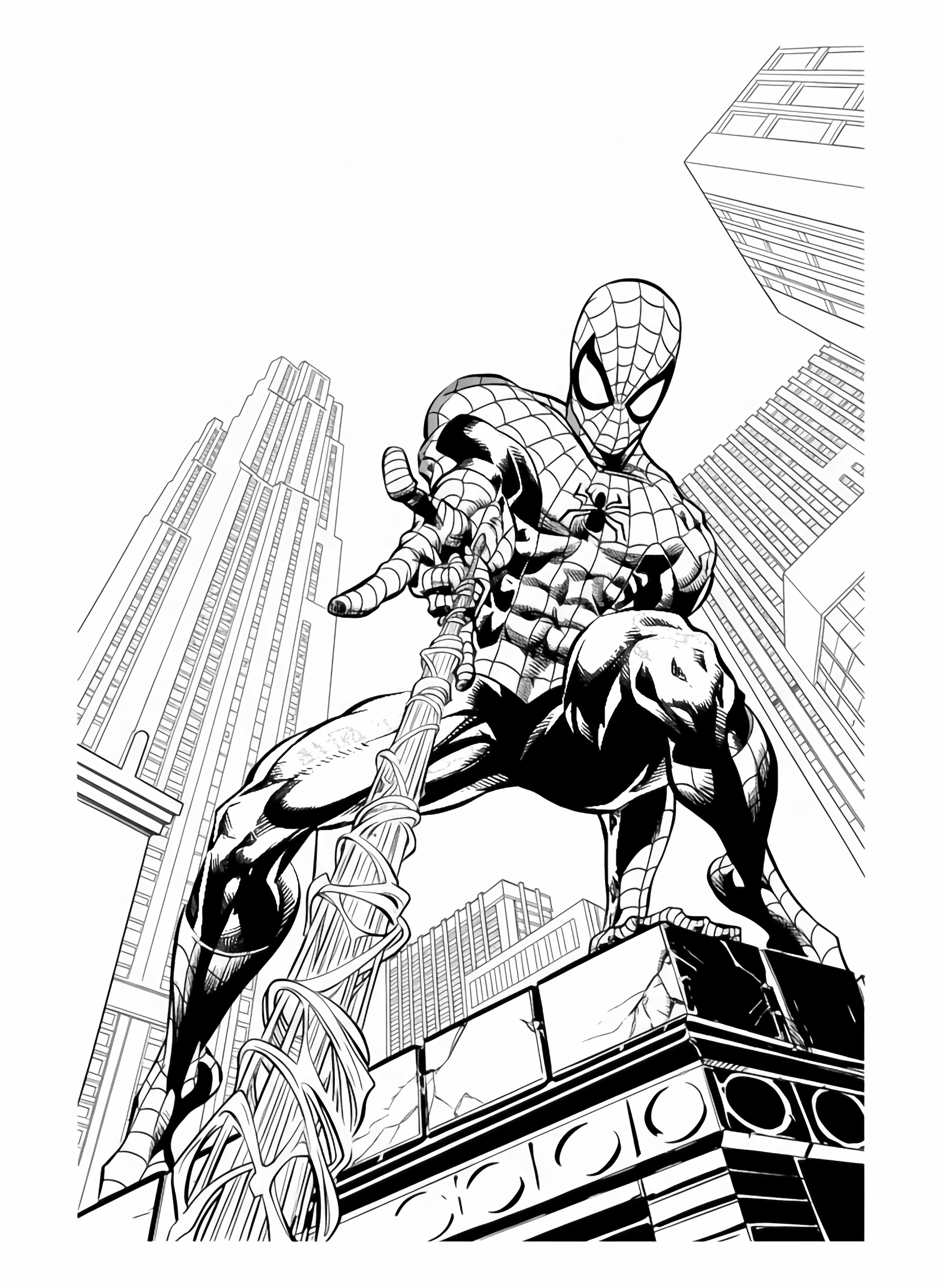 Spider Man crouches dynamically on a rooftop ledge, extending a hand forward while holding a thick web line, with towering city skyscrapers framing the background. kleurplaat