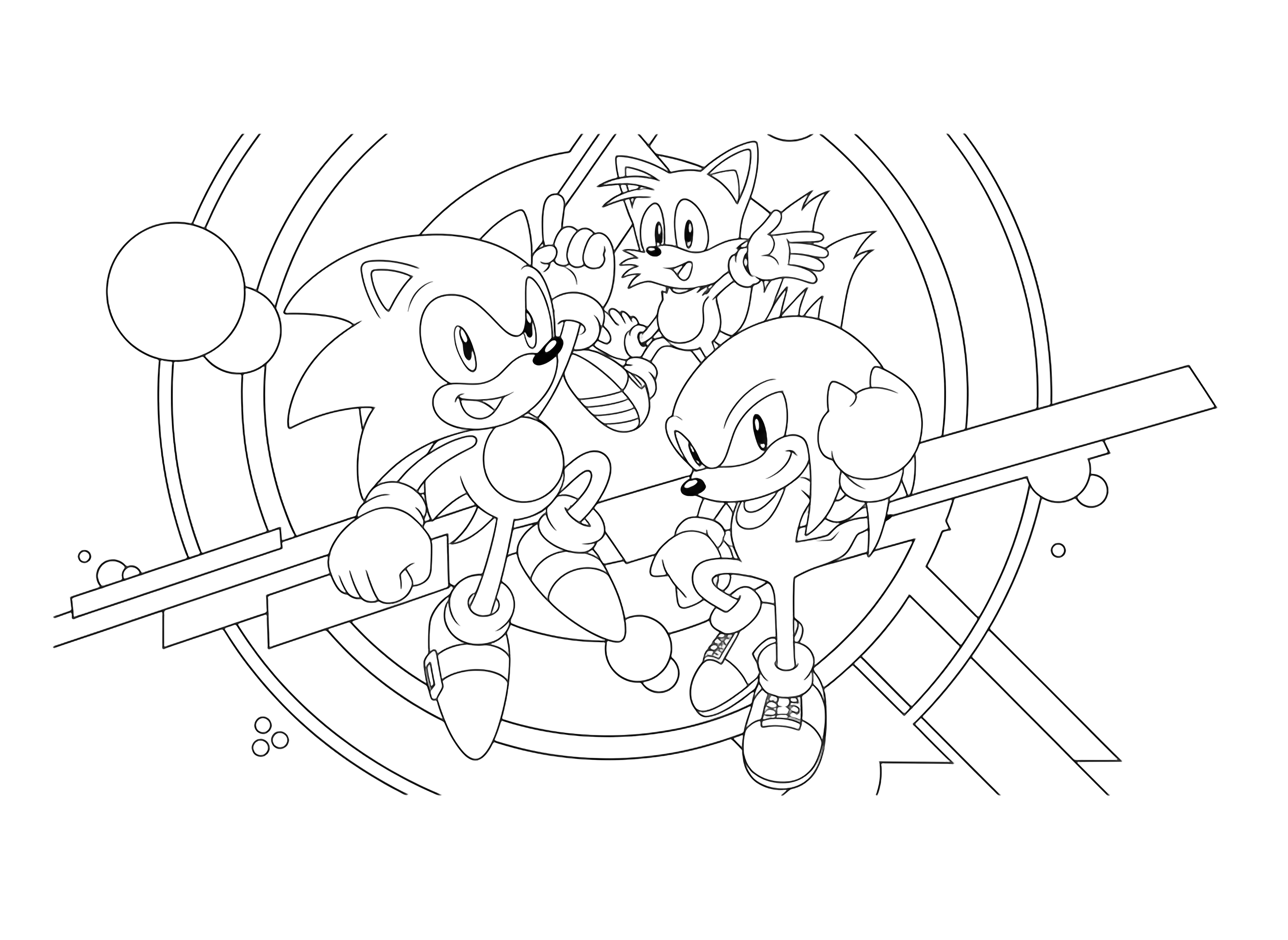 Sonic, Tails, and Knuckles joyfully posing against a dynamic background of colorful geometric shapes, ready for a page. kleurplaat