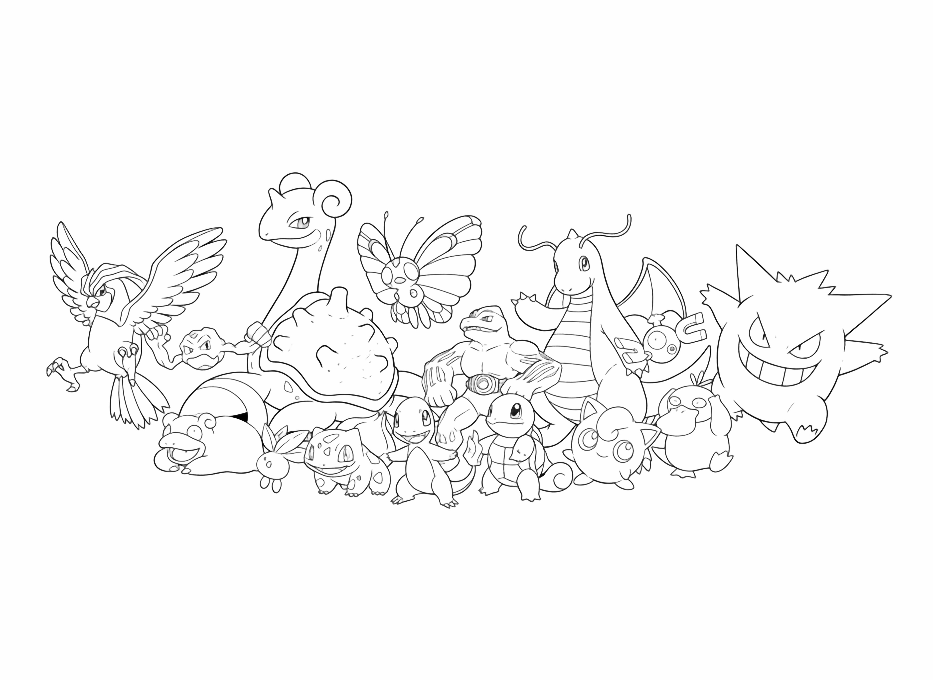 A vibrant group illustration of classic Pokmon characters including Pidgeot, Lapras, Dragonite, Gengar, and starter Pokmon, all posed together in a dynamic and friendly composition. kleurplaat
