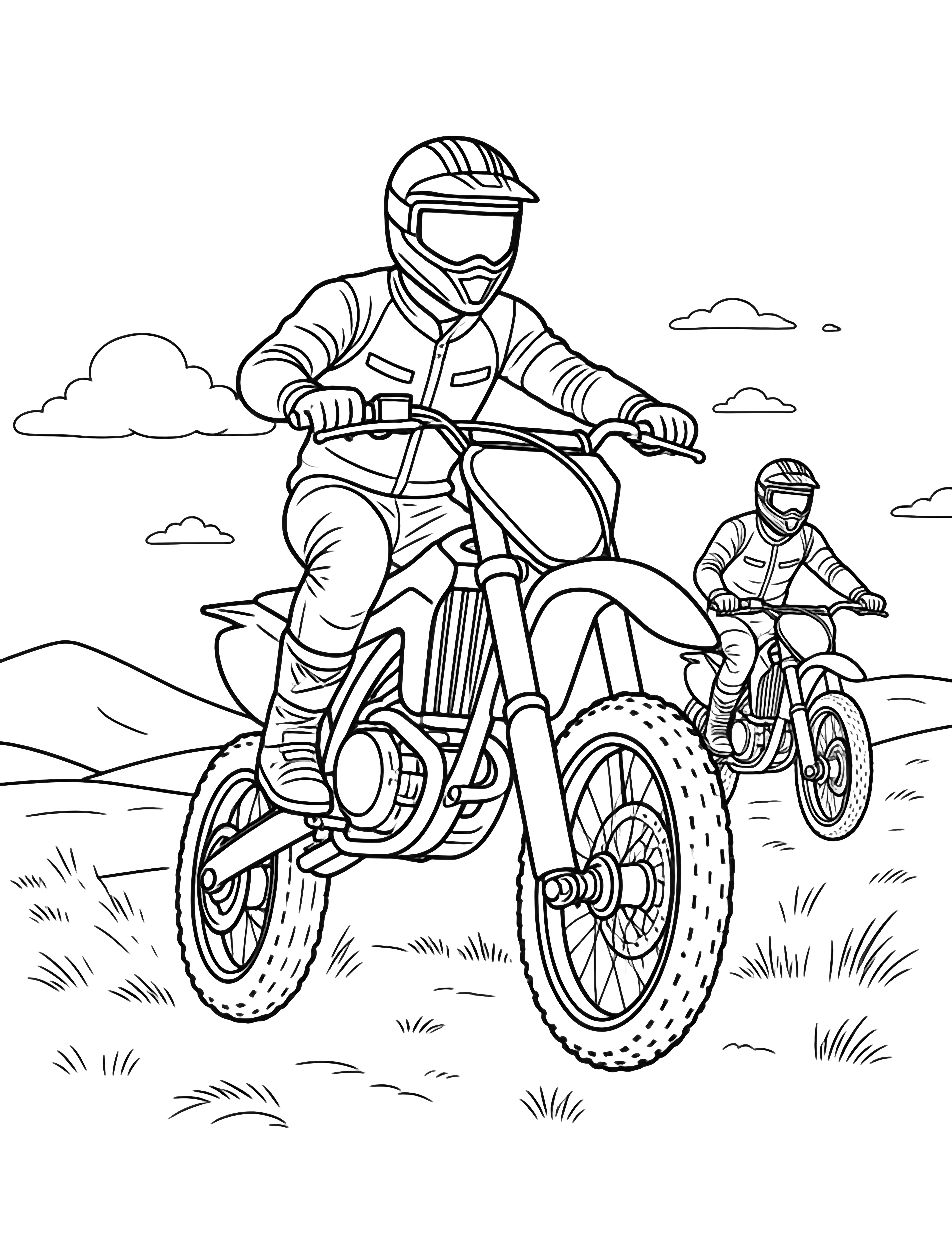 Two motorcyclists ride outside; one lifts the front wheel, the other soars mid-air, both in helmets and gloves, with gentle hills and clouds behind. kleurplaat