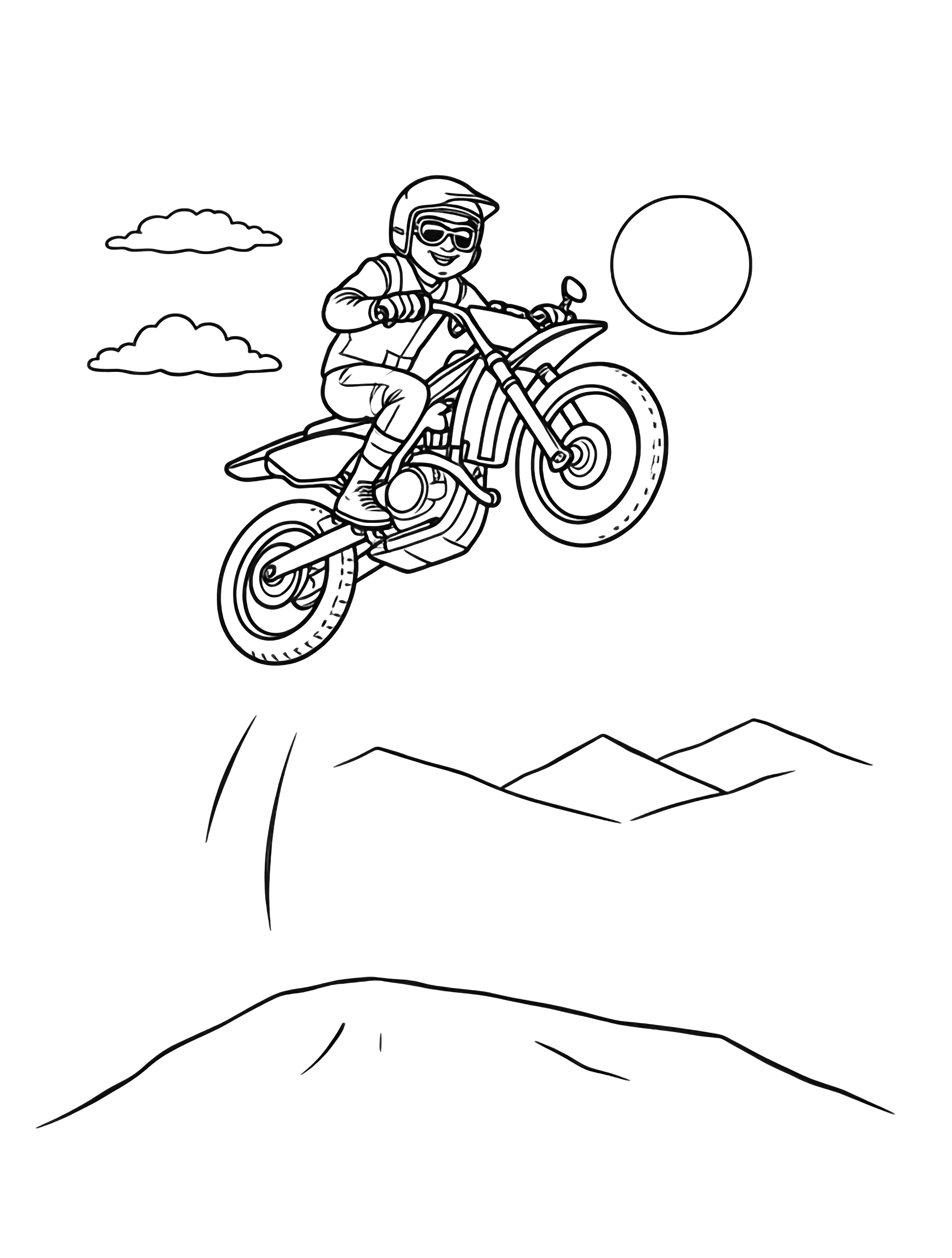 A joyful motorcyclist flips backward through the air, his bike arcing above rolling hills, light clouds, and a round sun. kleurplaat