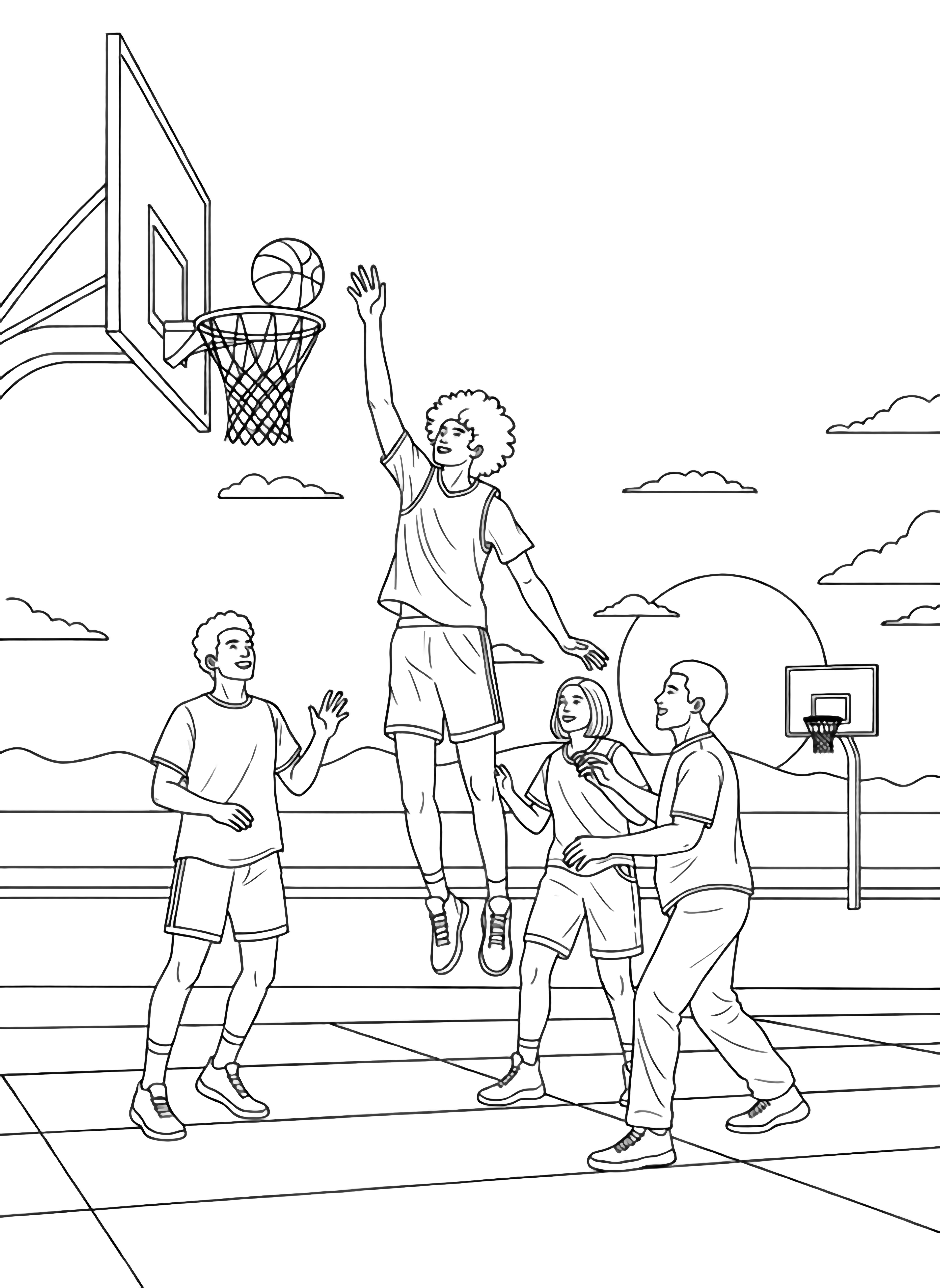 Five diverse friends dunk and pass a basketball on a plaza; low horizon, distant hoop, tiny clouds, empty-circle sun. kleurplaat