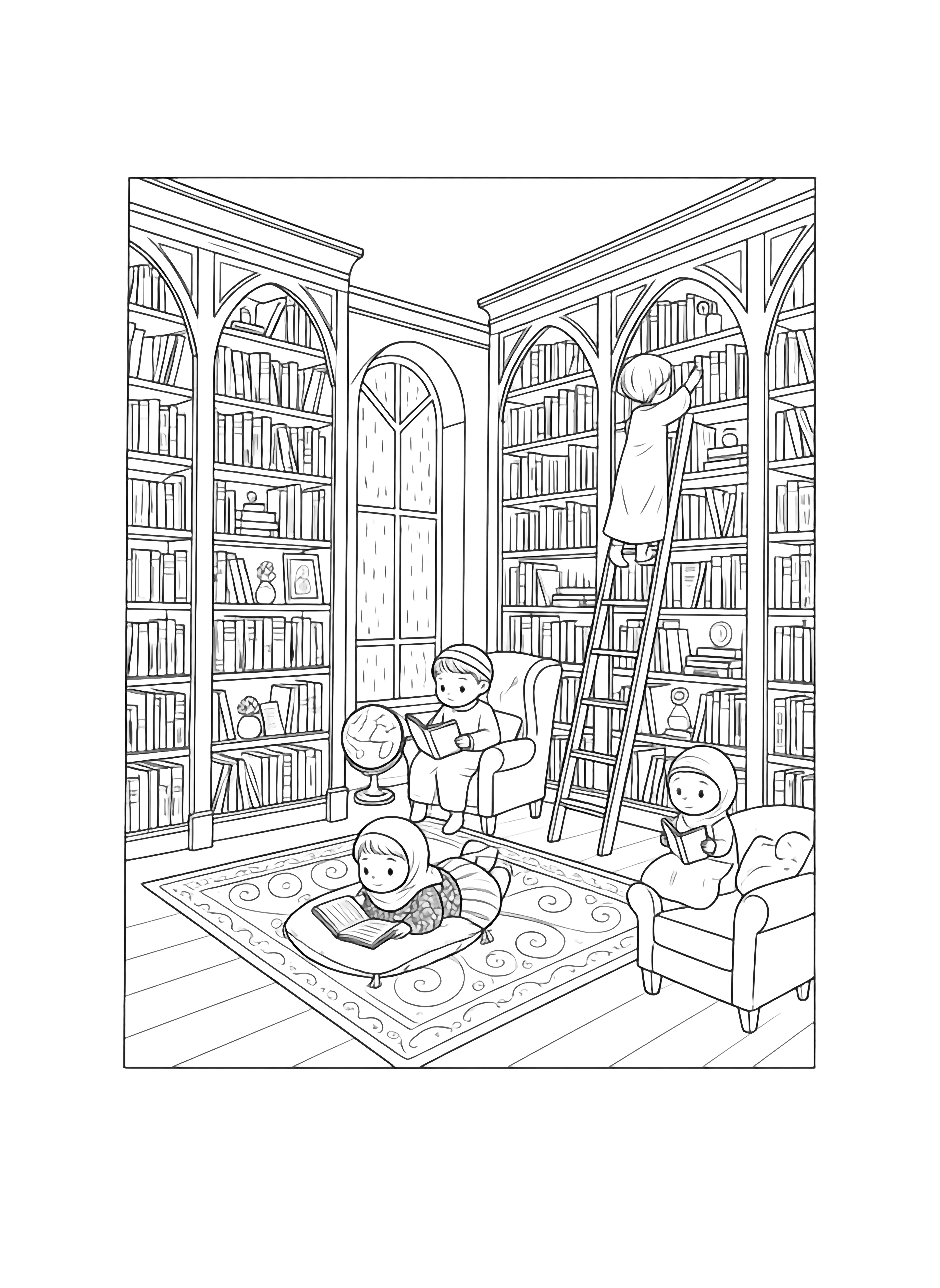 A black and white page of a grand cozy library where four little rabbits are happily surrounded by towering bookshelves Each rabbit is dressed in snug winter clothes one wears a tiny knitted scarf and round spectacles perched on a cushion while reading a thick storybook; another hops along a rolling ladder reaching for clean black and white line drawing minimal shading no colour no fill kleurplaat
