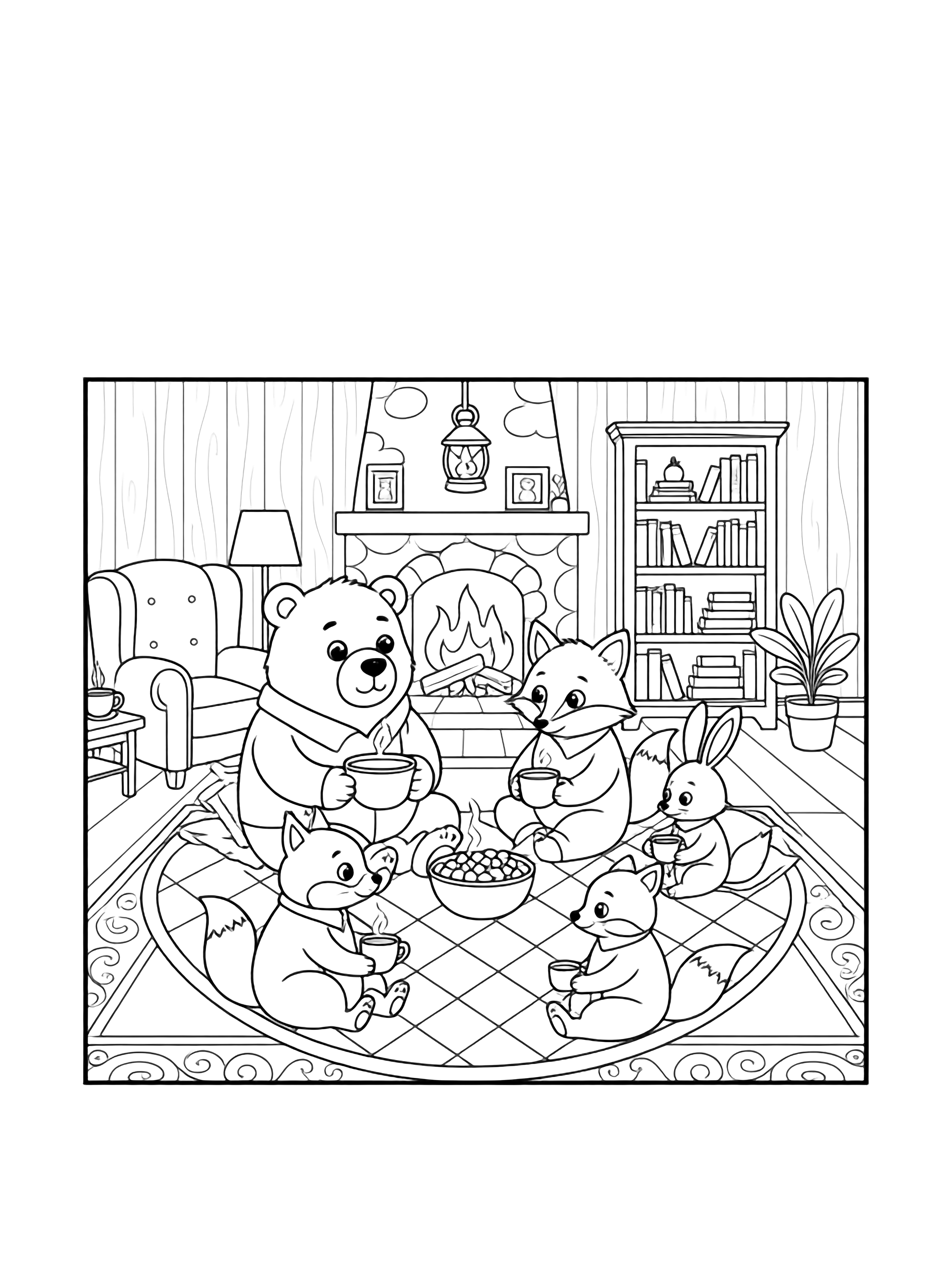 illustration on a pure A square framed pajama party where a big sleepy bear wide eyed fox tiny raccoon and floppy ear bunny sit in a circle on patchwork quilts inside a log living room wearing striped PJs holding popcorn bowls tiny pillow stacks behind simple tree trunk wall one hanging lantern outline clean black pure NO fills NO grayscale NO shading NO cross hatching NO solid areas kleurplaat