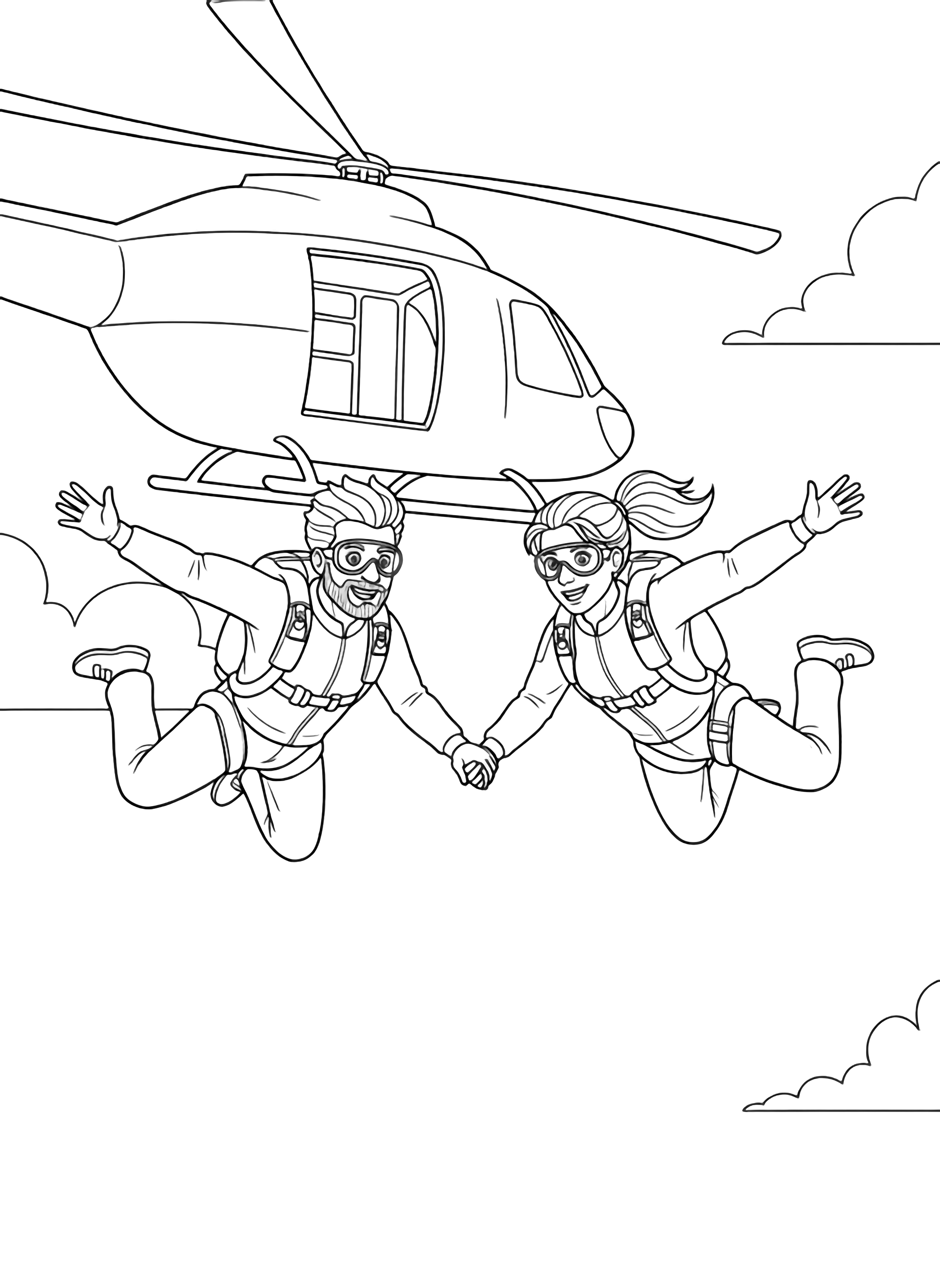 Two joyful skydivers, one diving from a helicopter, the other below, clasp hands mid-air; each wears a parachute pack, minimal clouds drift, their smiles wide, arms outstretched against open sky. kleurplaat