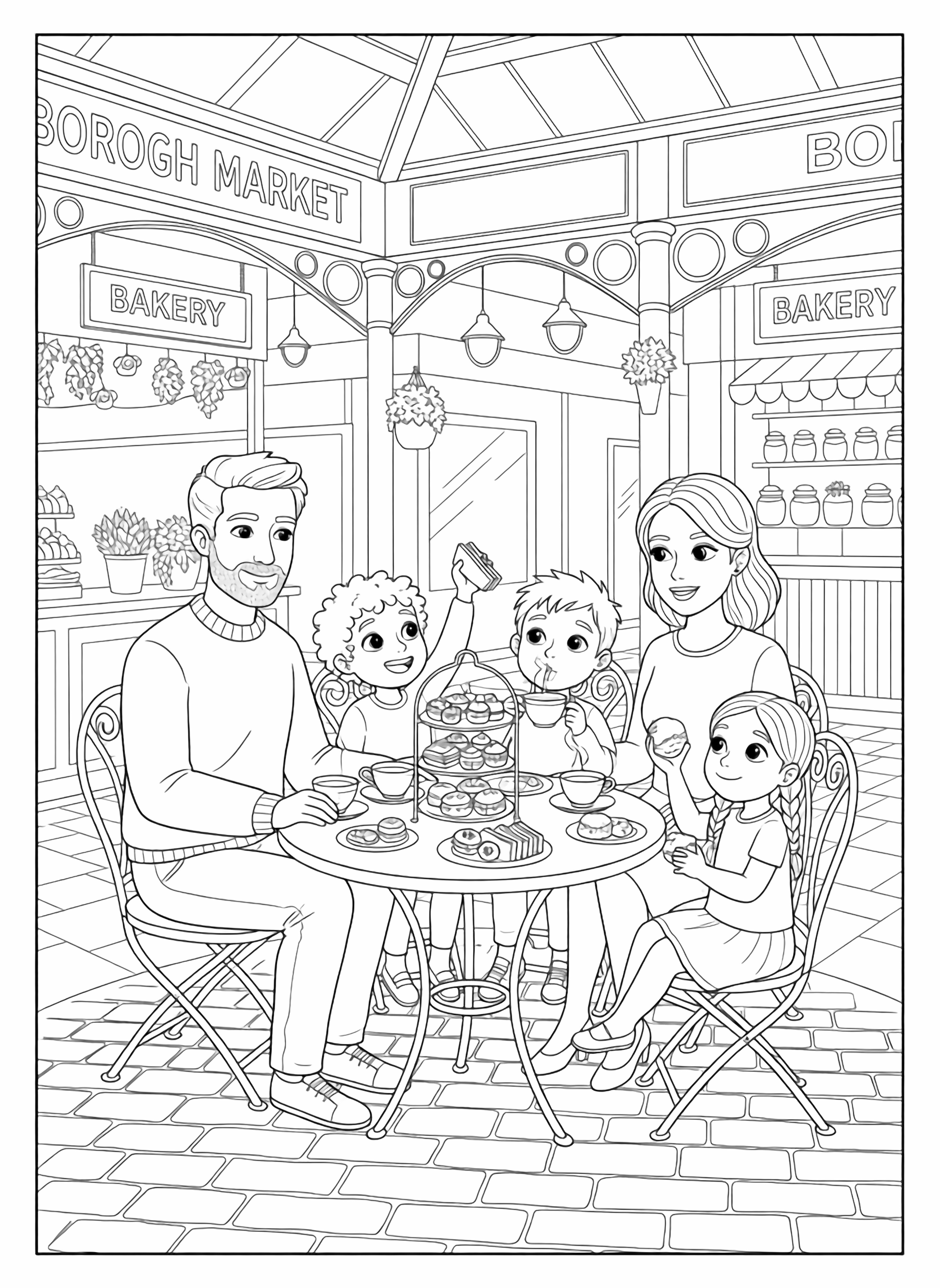 A black and white page showing a joyful family of five enjoying a cozy high tea at a small outdoor table in the famous Borough Market Mom and Dad sit contentedly while their three children each with distinct features and hairstyles share warm pastries and steaming cups One child raises a tiny sandwich with delight another blows clean black and white line drawing minimal shading no colour no fill kleurplaat