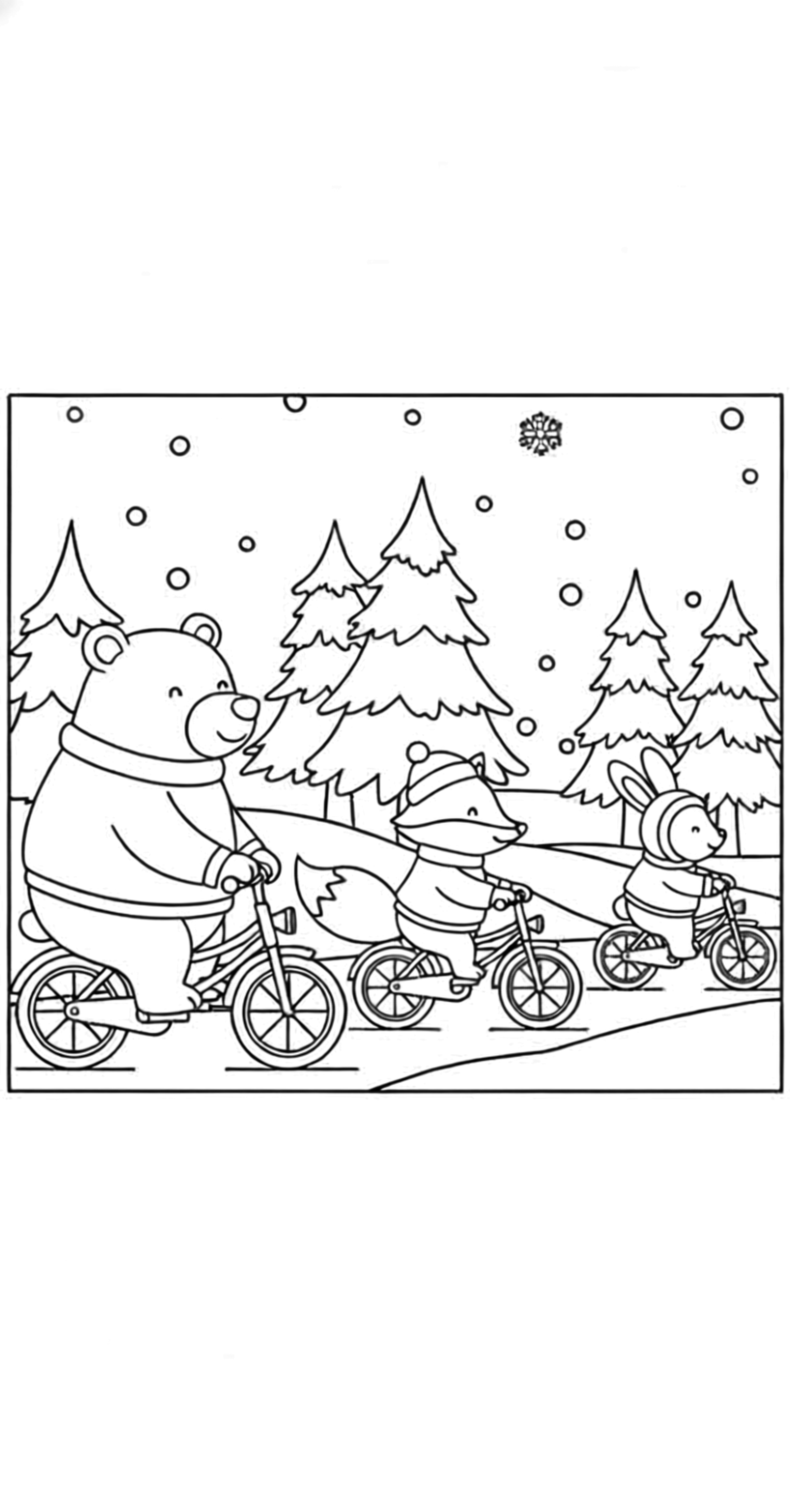 illustration on a pure Big rounded bear fox and bunny on tiny bicycles roll along a snowy forest path; simple pine trees snowflakes and a black square frame; thick smooth outlines dot eyes cheerful smiles flat white spaces ready to color clean black pure NO fills NO grayscale NO shading NO cross hatching NO solid areas kleurplaat