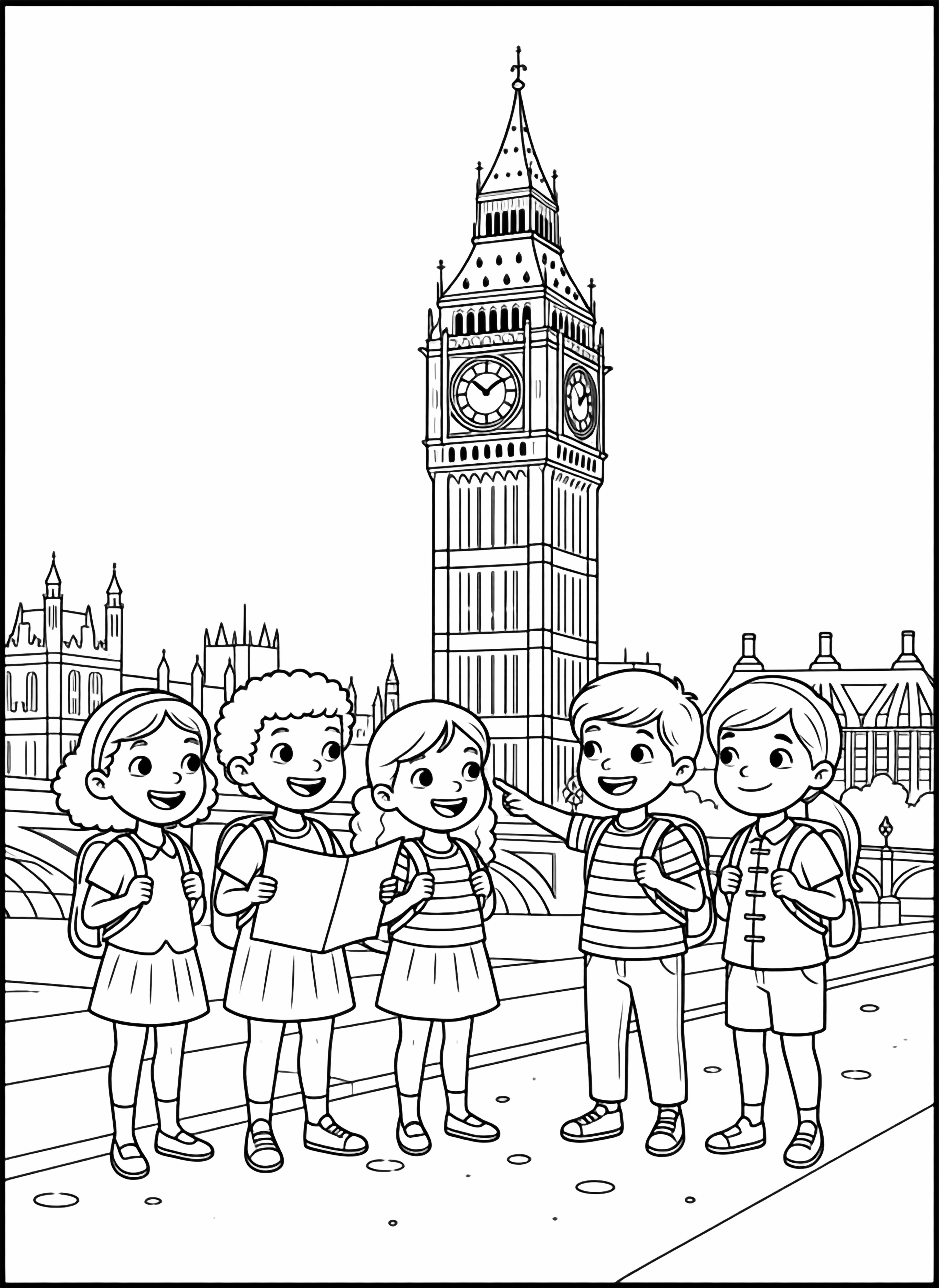 A black and white page showing a joyful group of children from around the world exploring London together The children wear cheerful smiles and carry little backpacks with one holding a map of the city They stand near the iconic Big Ben tower with its distinctive clock face showing simple numbers One child points excitedly at a clean black and white line drawing minimal shading no colour no fill kleurplaat