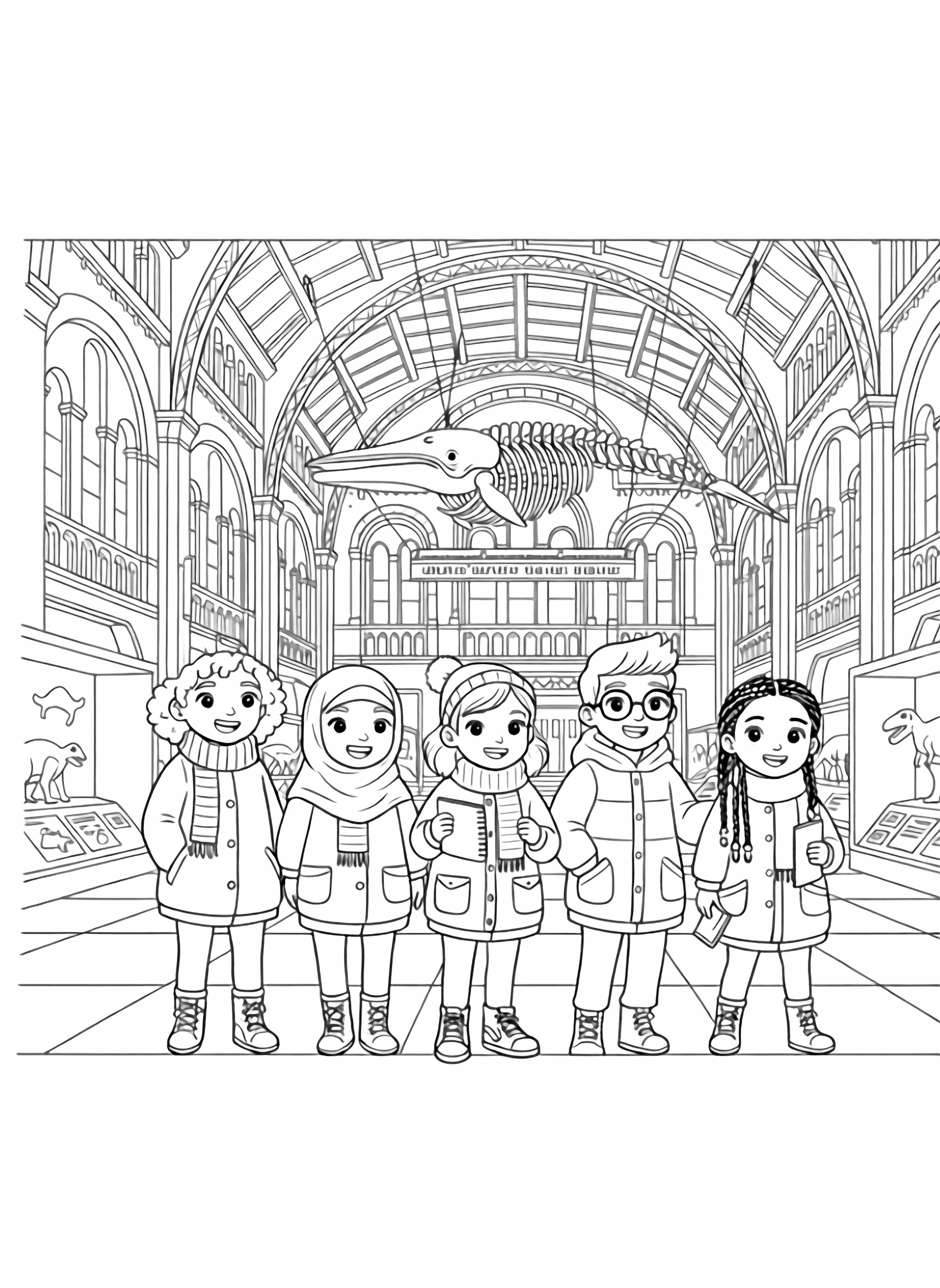 A black and white page illustration of a joyful group of five children from around the world exploring London's Natural History Museum on a crisp winter day Each child displays unique features one has bright curly hair peeking out from a cozy hat another wears traditional braids with a warm scarf while others showcase different clean black and white line drawing minimal shading no colour no fill kleurplaat