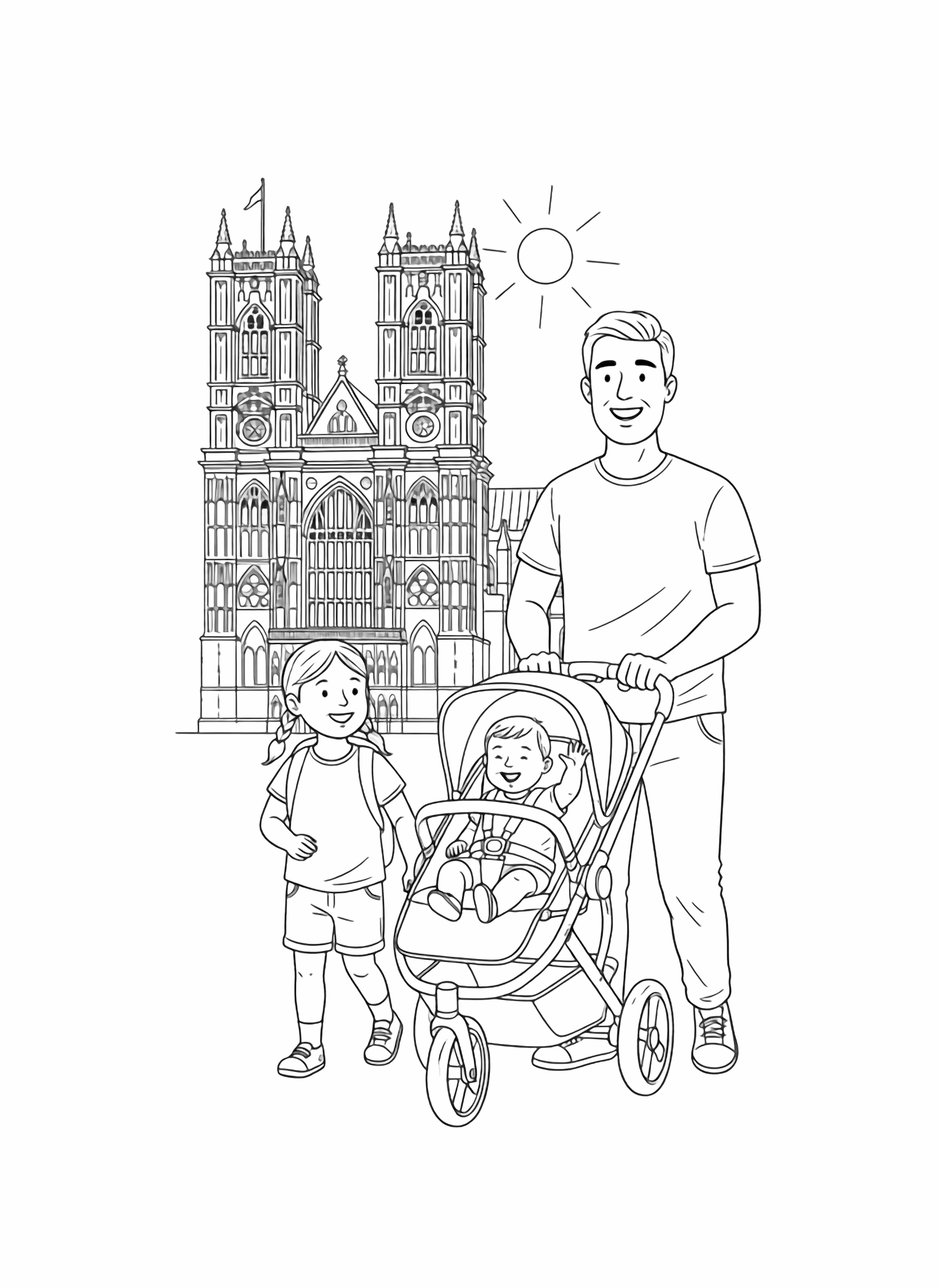 A black and white illustration of a joyful father pushing a sleek modern stroller while his two children enjoy a sunny outing near Westminster Abbey's grand spires The older child walks proudly at his side tiny hand tucked in his wearing a happy smile and a little backpack with a dinosaur patch The baby in the stroller waves clean black and white line drawing minimal shading no colour no fill kleurplaat