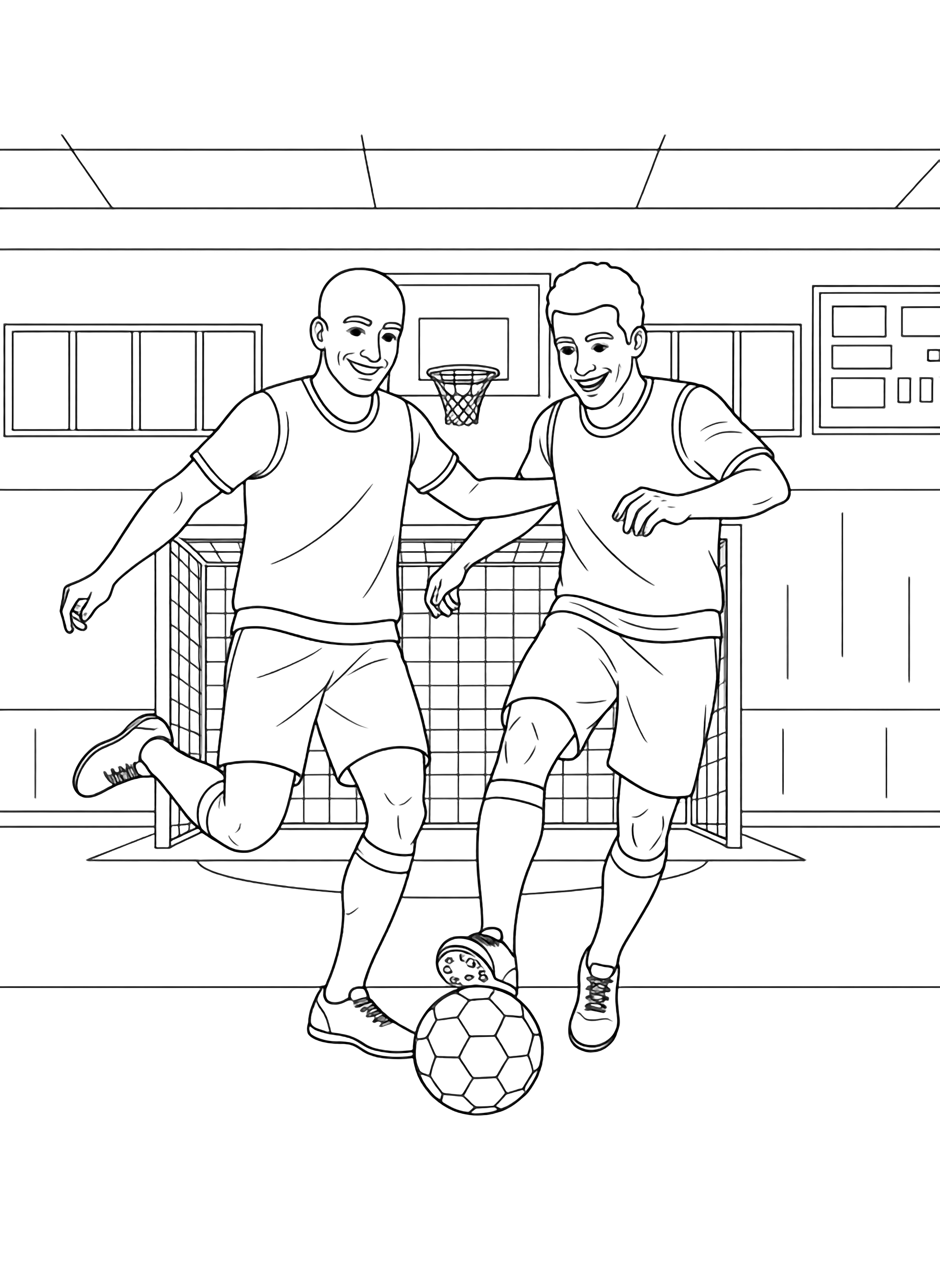 Two friendly teammates in vests, one bald, joyfully kick an indoor ball inside a simple gym with a goal outline. kleurplaat