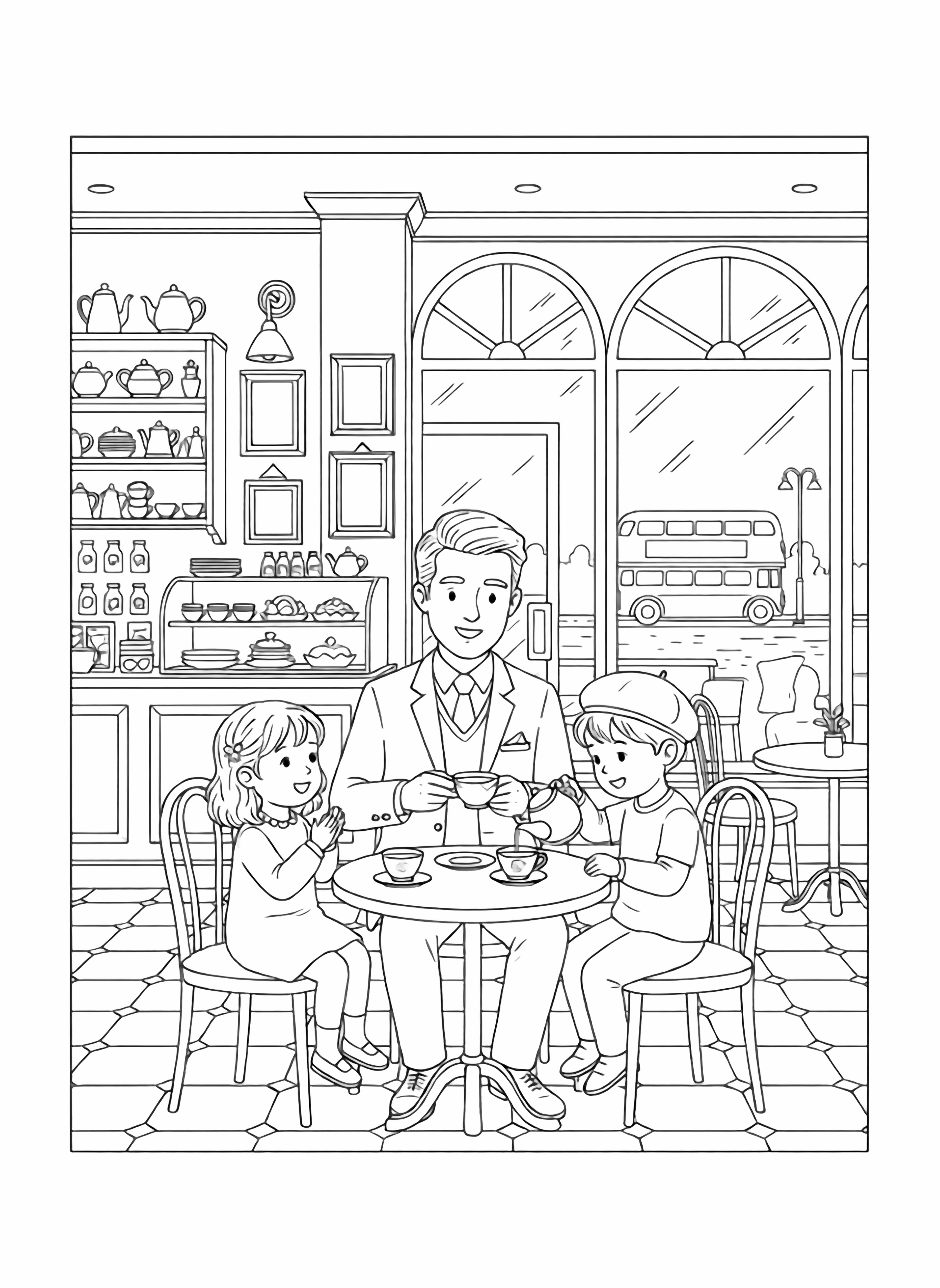 A black and white page depicting a cozy vintage London caf interior A cheerful father sits between his two joyful children at a small round table The father wears a neat tweed jacket and a gentle smile holding a delicate teacup One child wearing a tiny beret is pouring tea from a clean black and white line drawing minimal shading no colour no fill kleurplaat