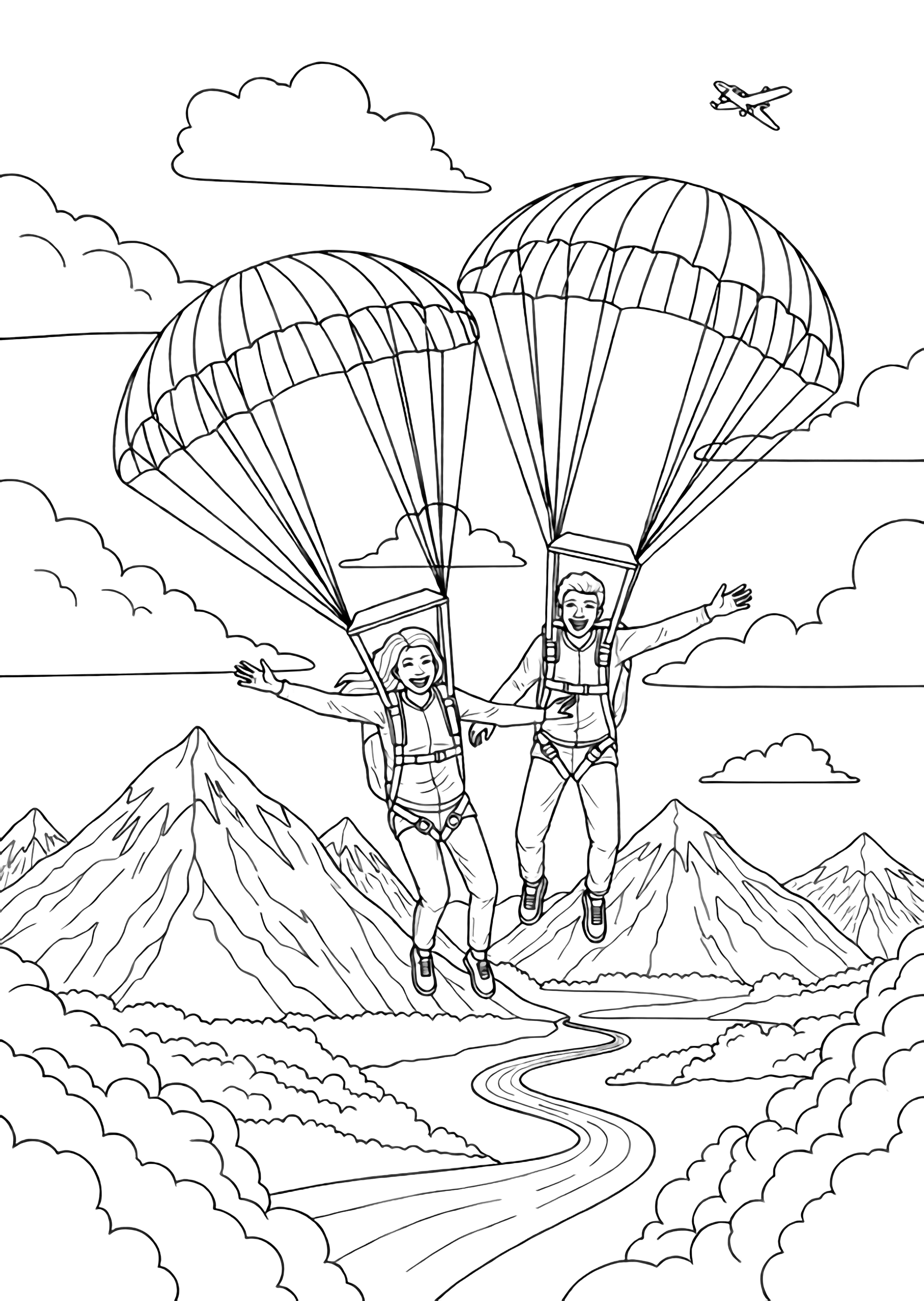 Two smiling friends hang beneath open parachutes, arms wide, gazing at distant mountains, fluffy clouds, a winding river, and a tiny plane. kleurplaat