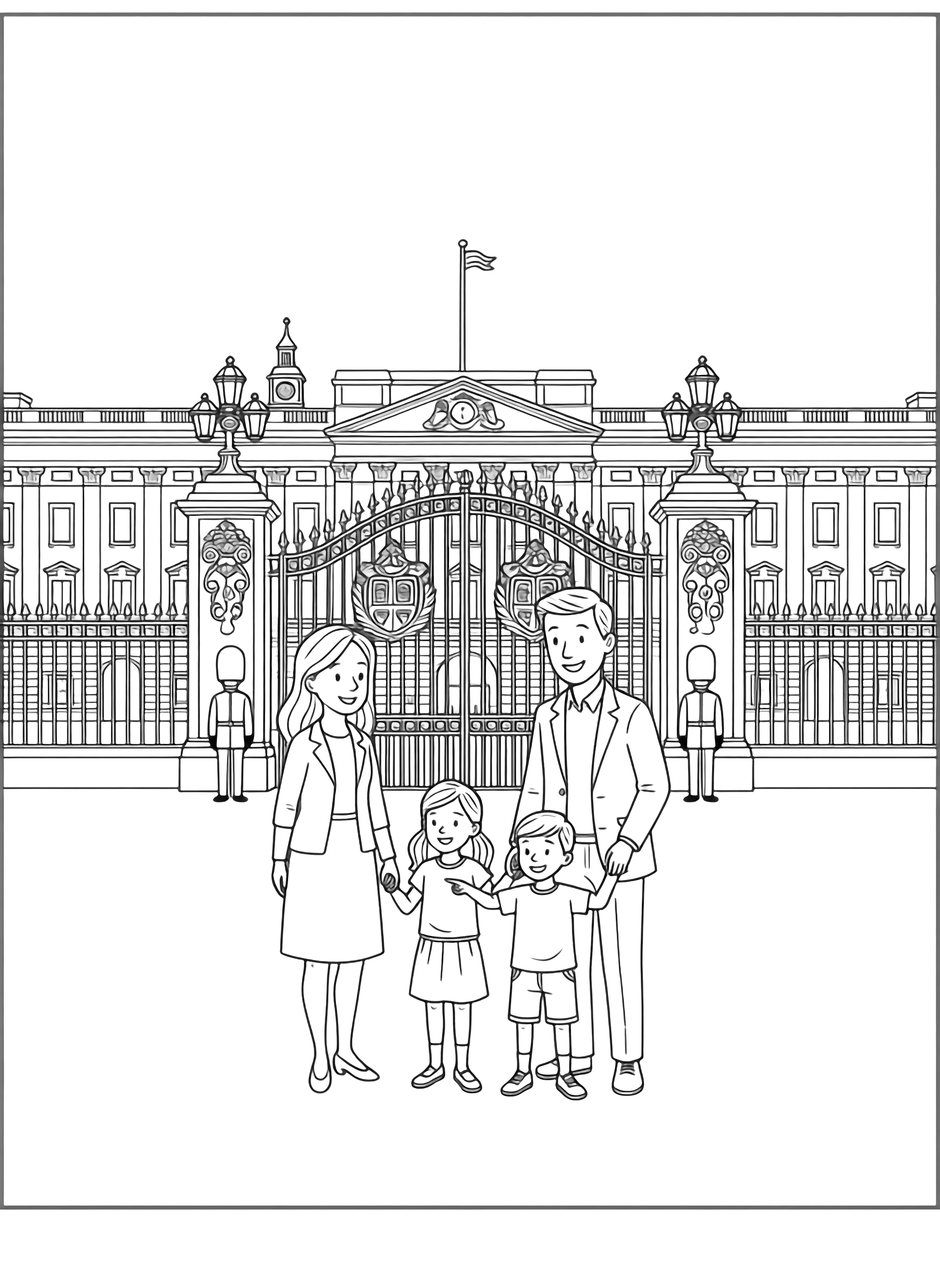 A black and white page showing a happy family of four visiting Buckingham Palace in London The parents smile warmly while holding hands and their two children excitedly point at the grand palace gates with ornate bars and decorative flourishes The palace's iconic balcony and columns rise majestically in the background The family wears clean black and white line drawing minimal shading no colour no fill kleurplaat