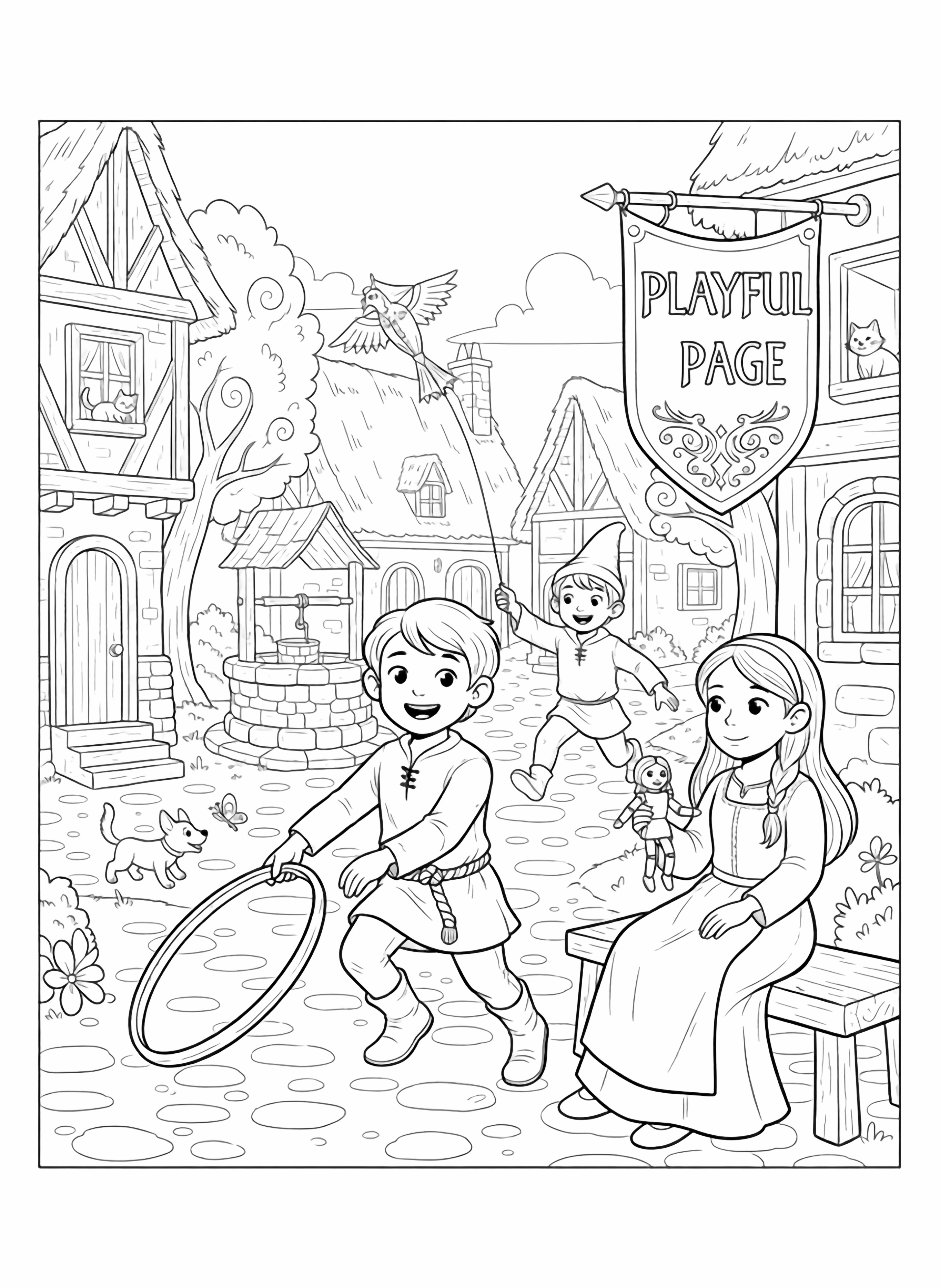 A black and white page showing cheerful medieval children playing in a fairytale village square One child wears a simple tunic with a rope belt holding a wooden hoop and stick toy while another girl in a long dress with an apron plays with a small wooden doll A boy wearing a pointed medieval cap flies clean black and white line drawing minimal shading no colour no fill kleurplaat