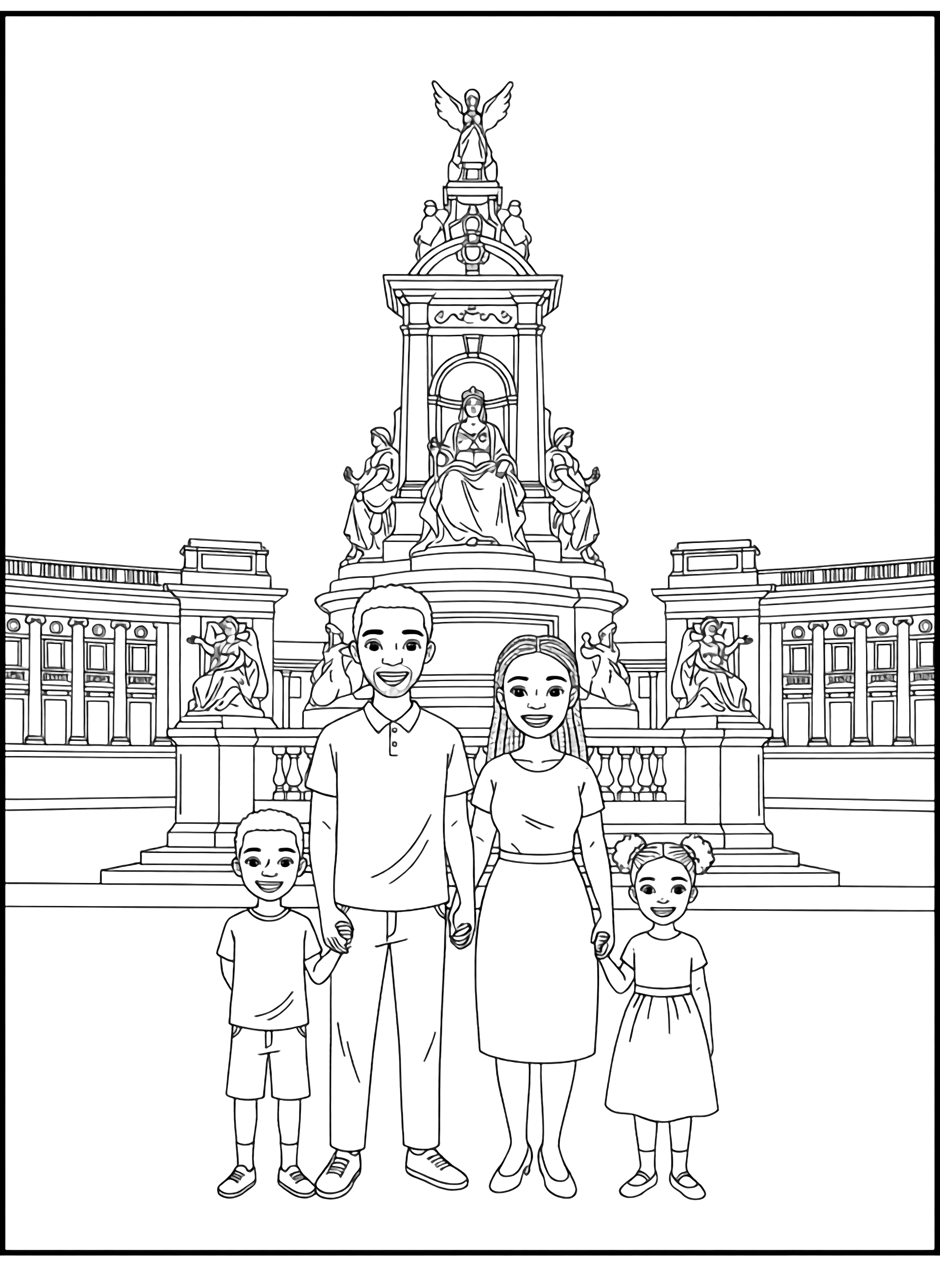 illustration on a An African family parents two children stand smiling before Queen Victoria Monument outlined in bold black lines on no shading no fills empty areas ready for kleurplaat