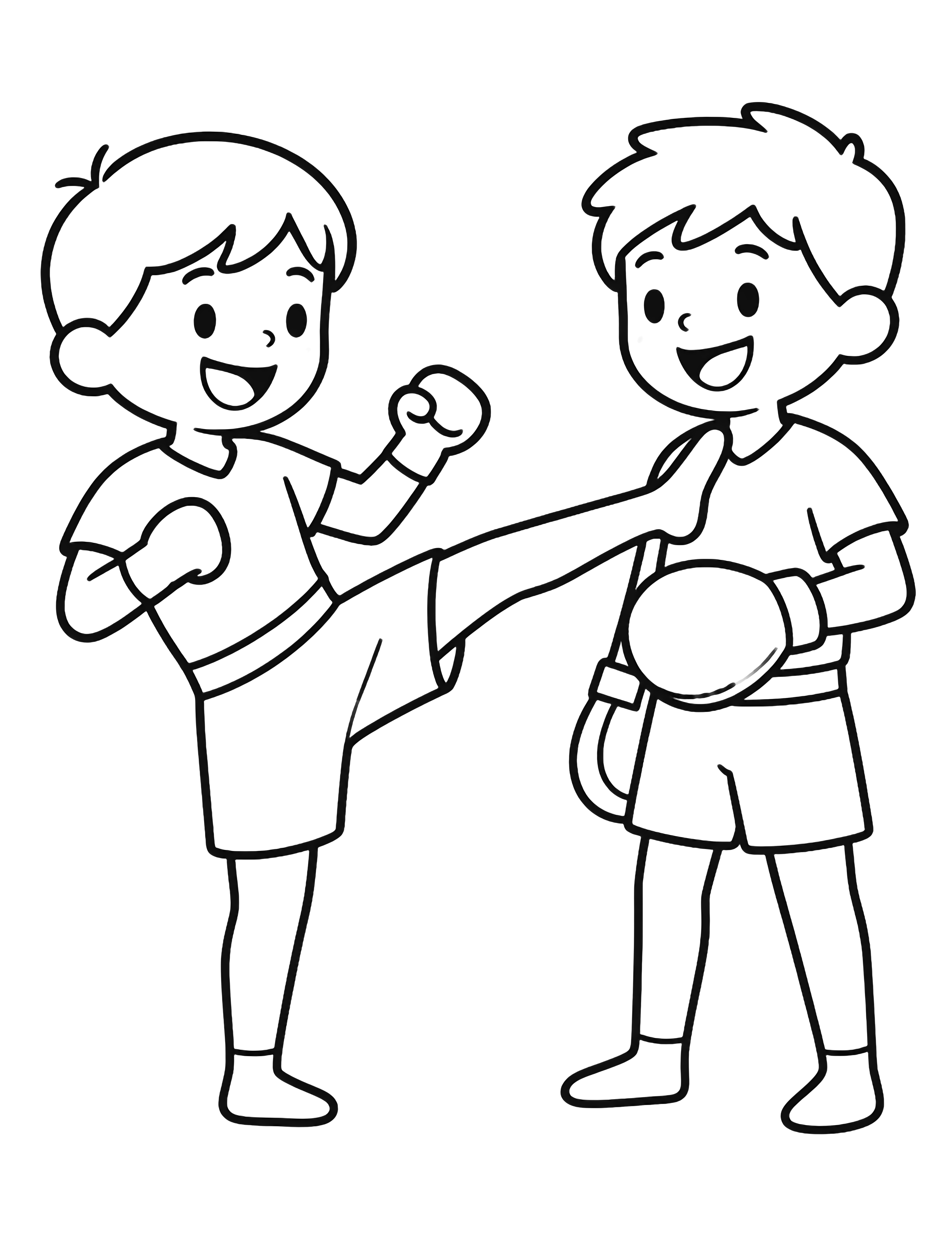 Two smiling kickboxers, one mid-kick and one holding a focus pad, stand in simple uniforms. kleurplaat