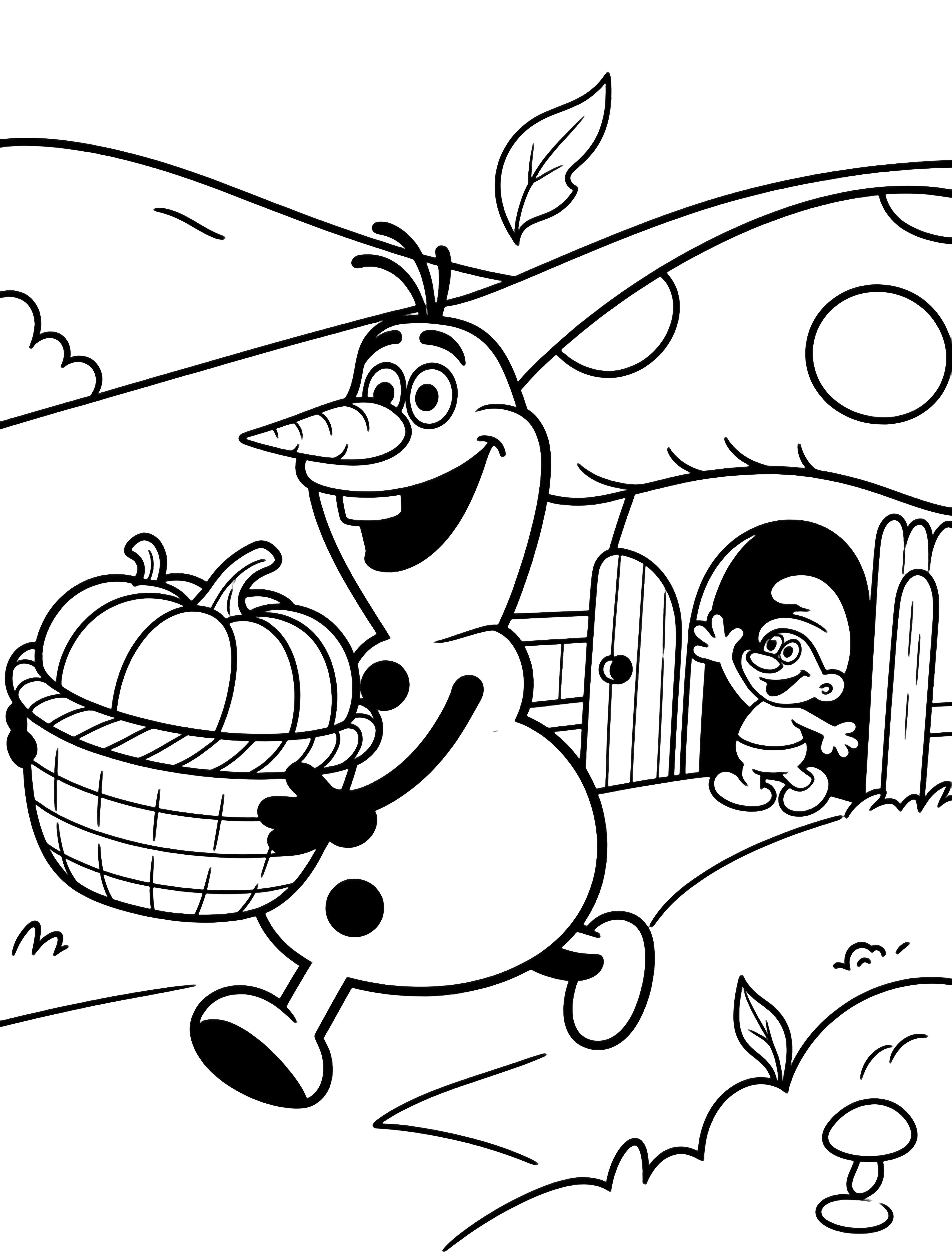 Olaf met een wortelneus glimlacht terwijl hij een mand met pompoenen sjouwt richting paddenstoelhuizen, terwijl kleine Smurfen vanuit de deuropeningen zwaaien en bladeren over hekken en heuvels dwarrelen. kleurplaat