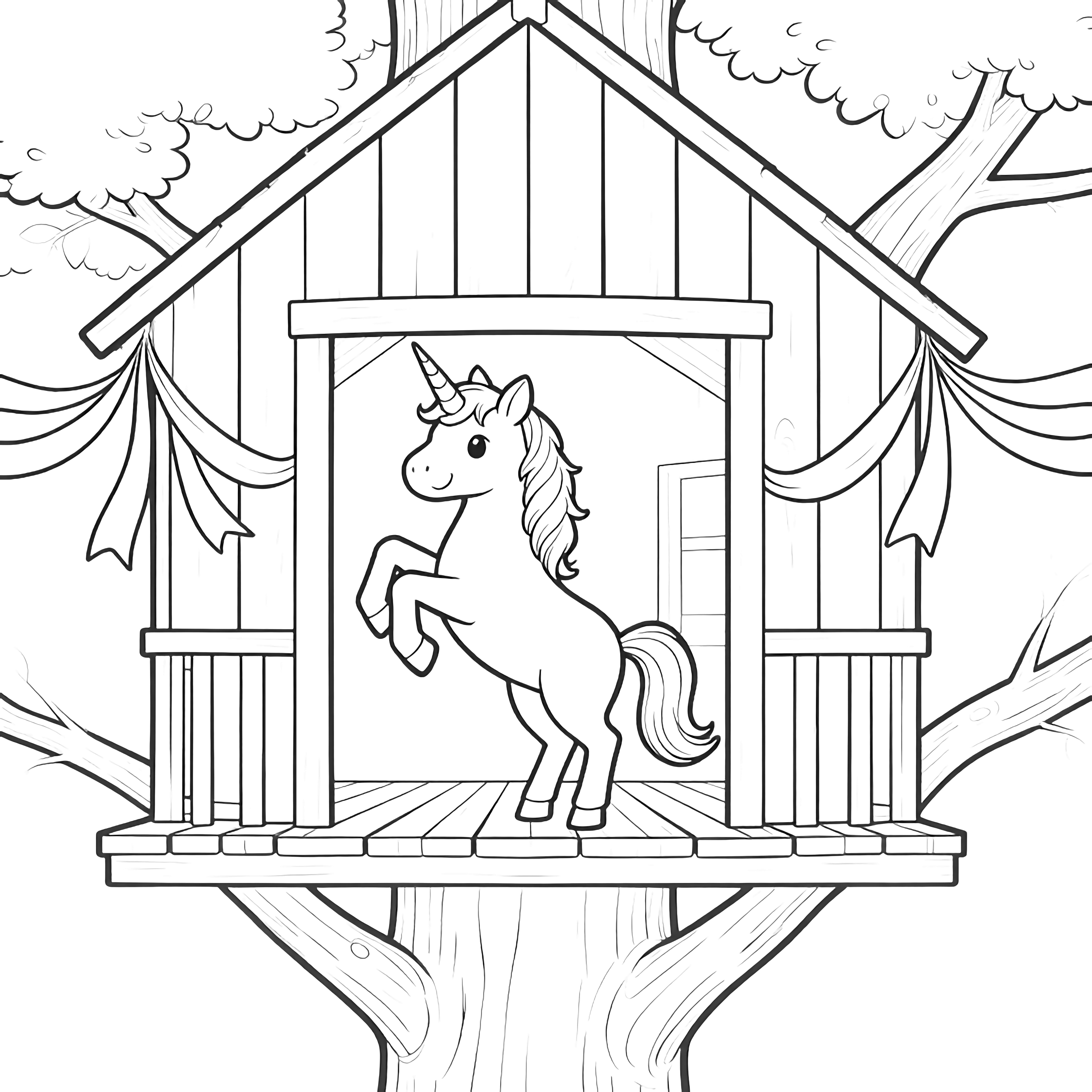 A joyful unicorn rears up inside a wooden treehouse, draping leafy garlands and fluttering ribbons along the plank walls. kleurplaat